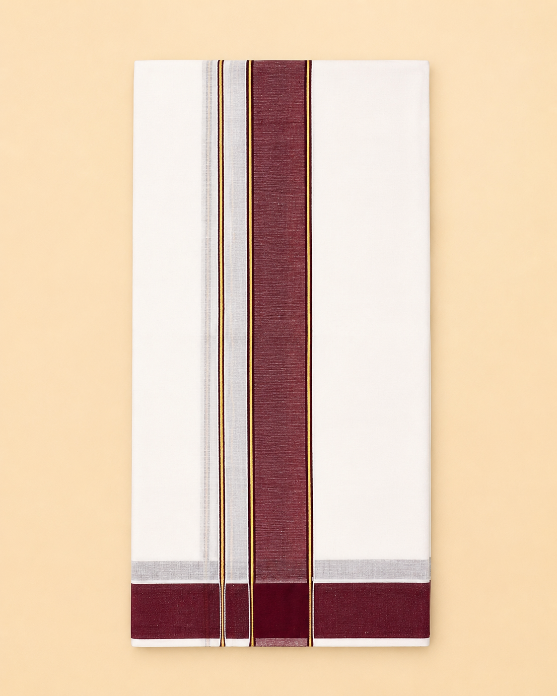 Men’s White Panchakacham 9×5 with Maroon Border – Dhoti & Angavastram Set