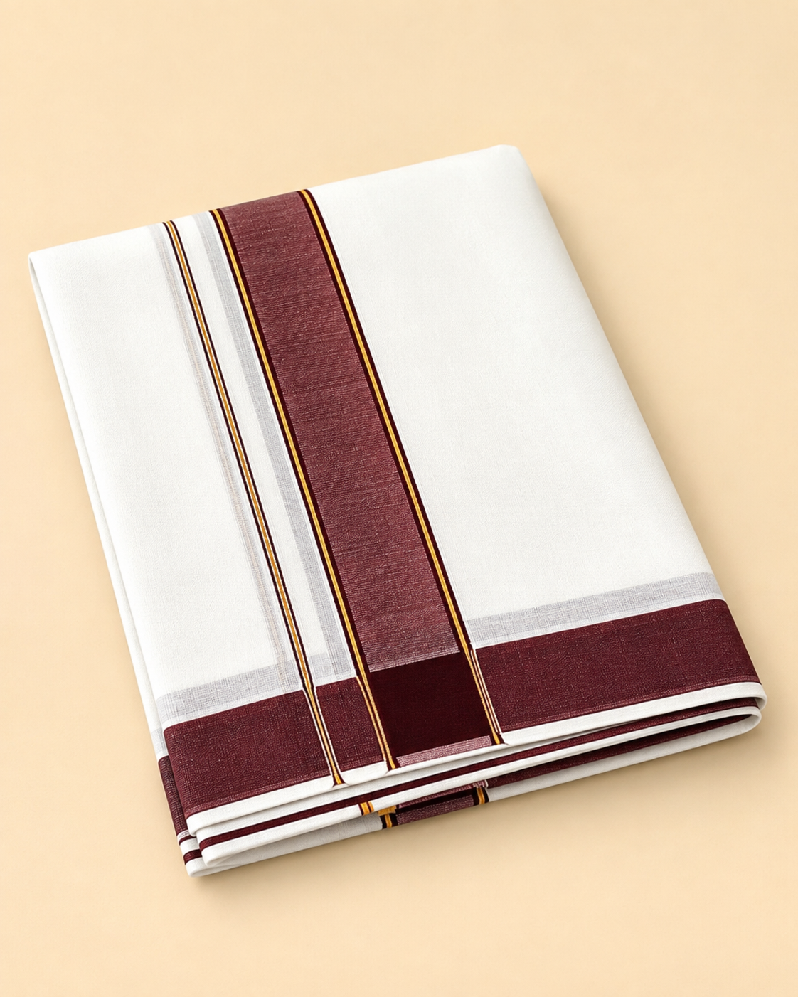 Men’s White Panchakacham 9×5 with Maroon Border – Dhoti & Angavastram Set