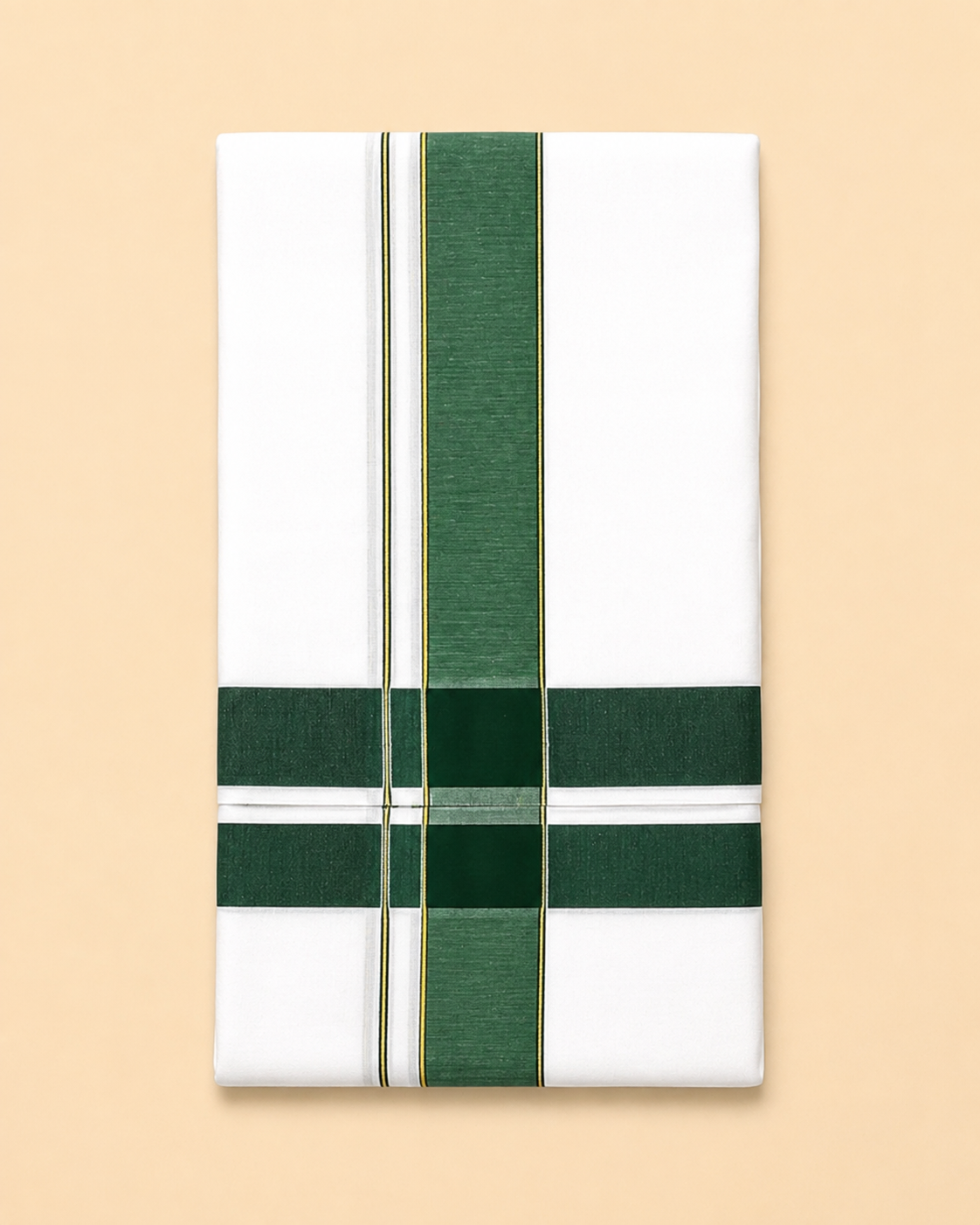 Men’s White Panchakacham 9×5 with Green Border – Dhoti & Angavastram Set