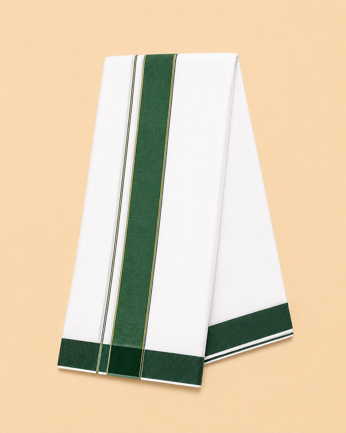 Men’s White Panchakacham 9×5 with Green Border – Dhoti & Angavastram Set