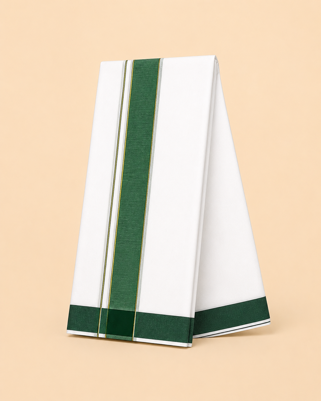 Men’s White Panchakacham 9×5 with Green Border – Dhoti & Angavastram Set