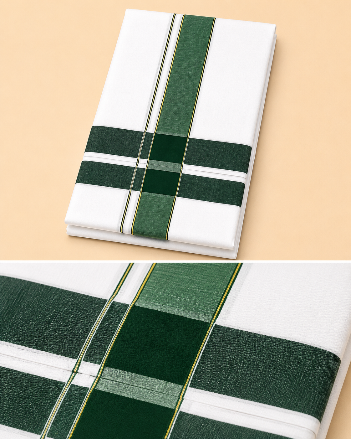 Men’s White Panchakacham 9×5 with Green Border – Dhoti & Angavastram Set