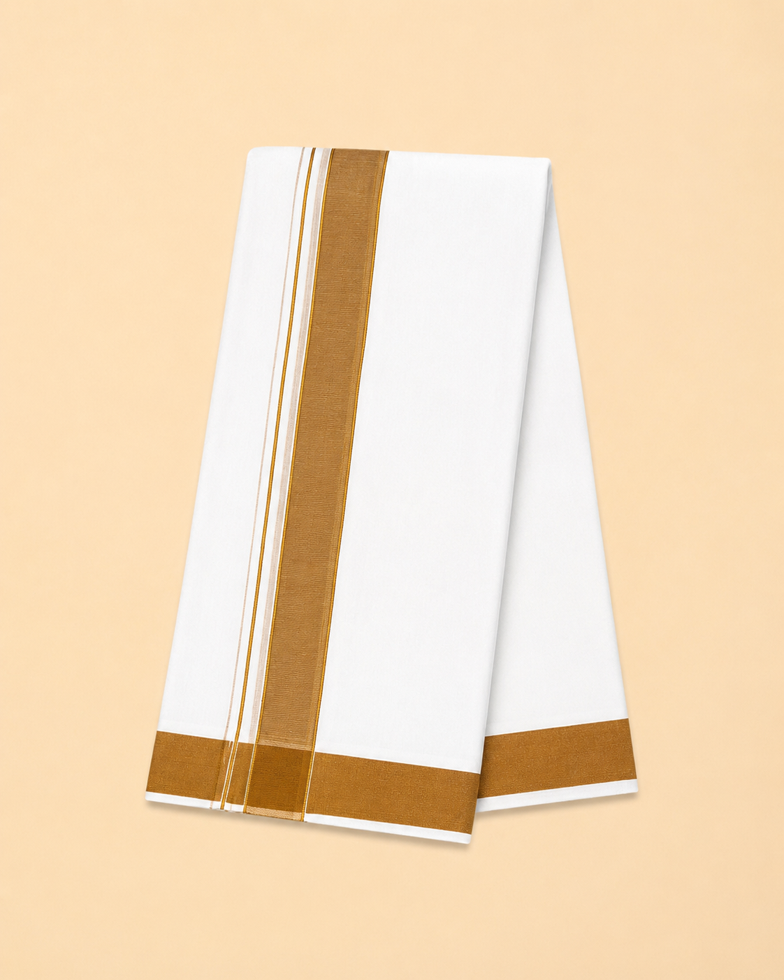 Men’s Traditional White Cotton Blend Panchakacham Dhoti with Mustard Border – Unstitched 9×5 Veshti, 4 m Dhoti with 2.20 m Angavastram