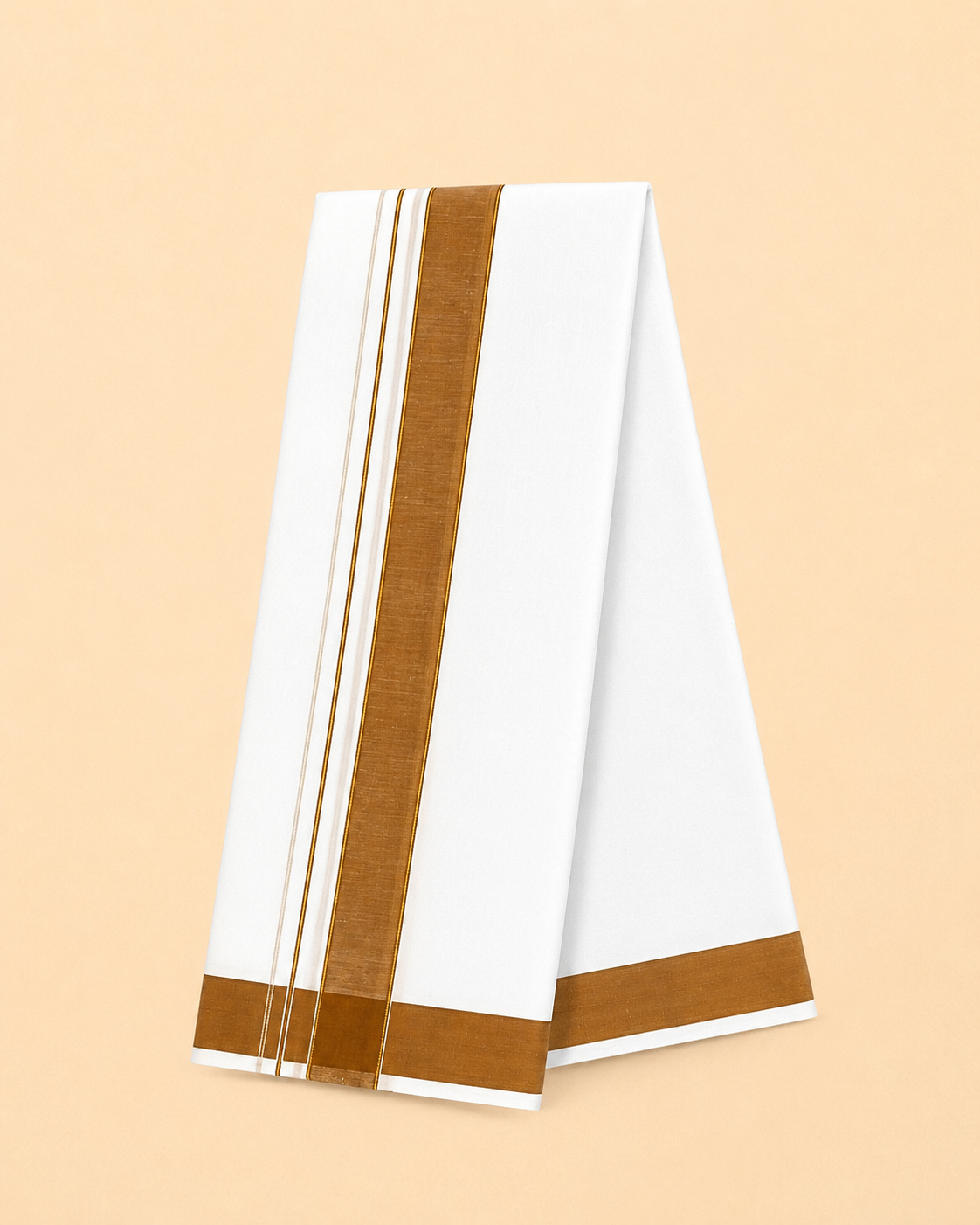 Men’s Traditional White Cotton Blend Panchakacham Dhoti with Mustard Border – Unstitched 9×5 Veshti, 4 m Dhoti with 2.20 m Angavastram