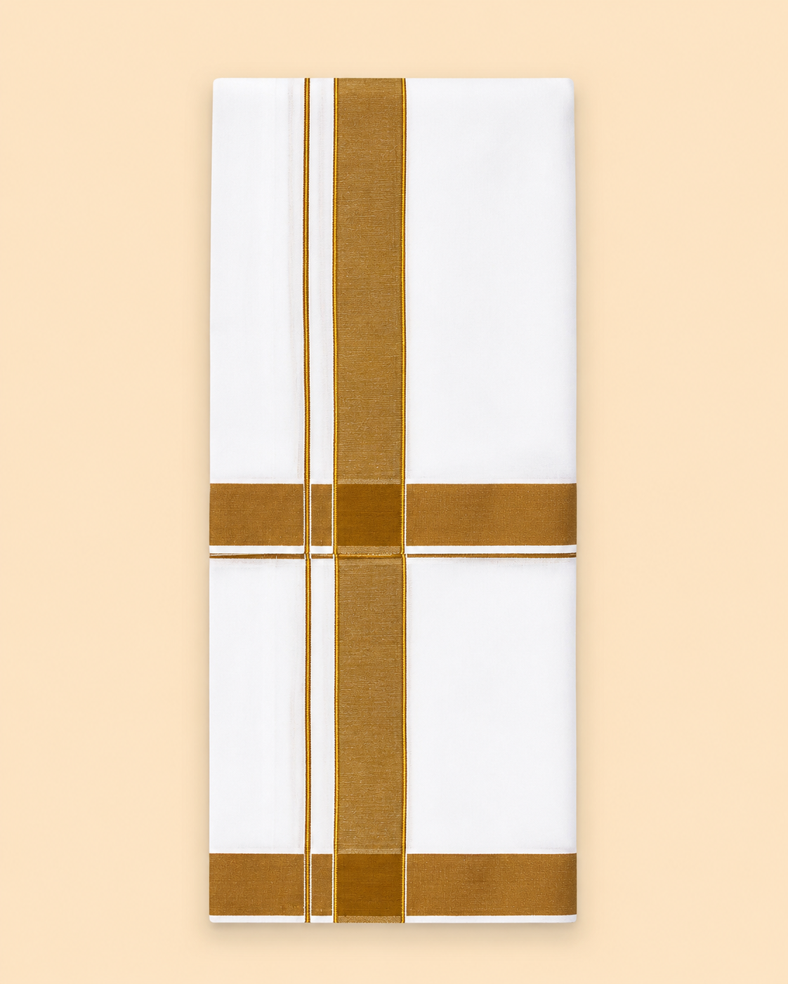 Men's Traditional Cotton Panchakacham 10×6 Dhoti & Angavastram Set – White with Golden Mustard Cotton Border | 4.5m Dhoti + 2.7m Angavastram