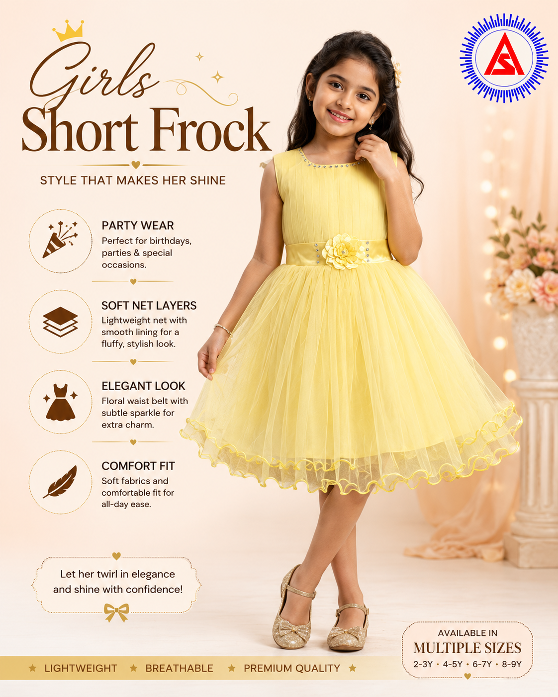 Girls Short Sleeve Party Wear Frock | Stylish Net Short Dress for Kids
