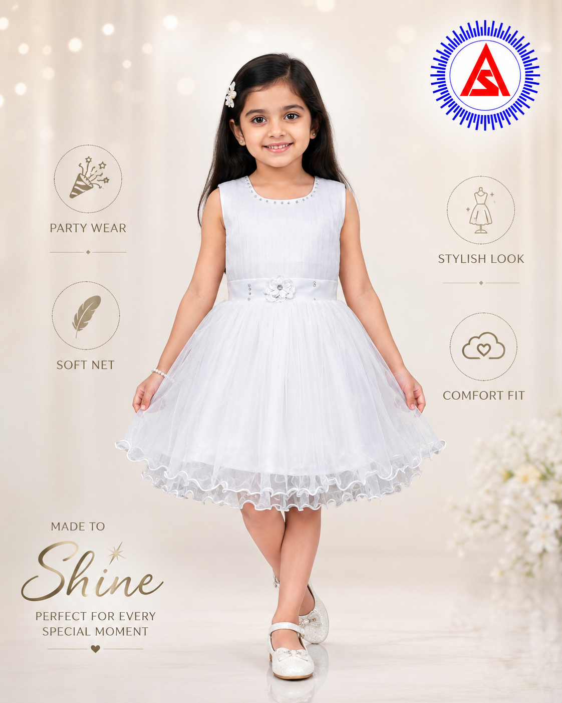 Girls Short Sleeve Party Wear Frock | Stylish Net Short Dress for Kids