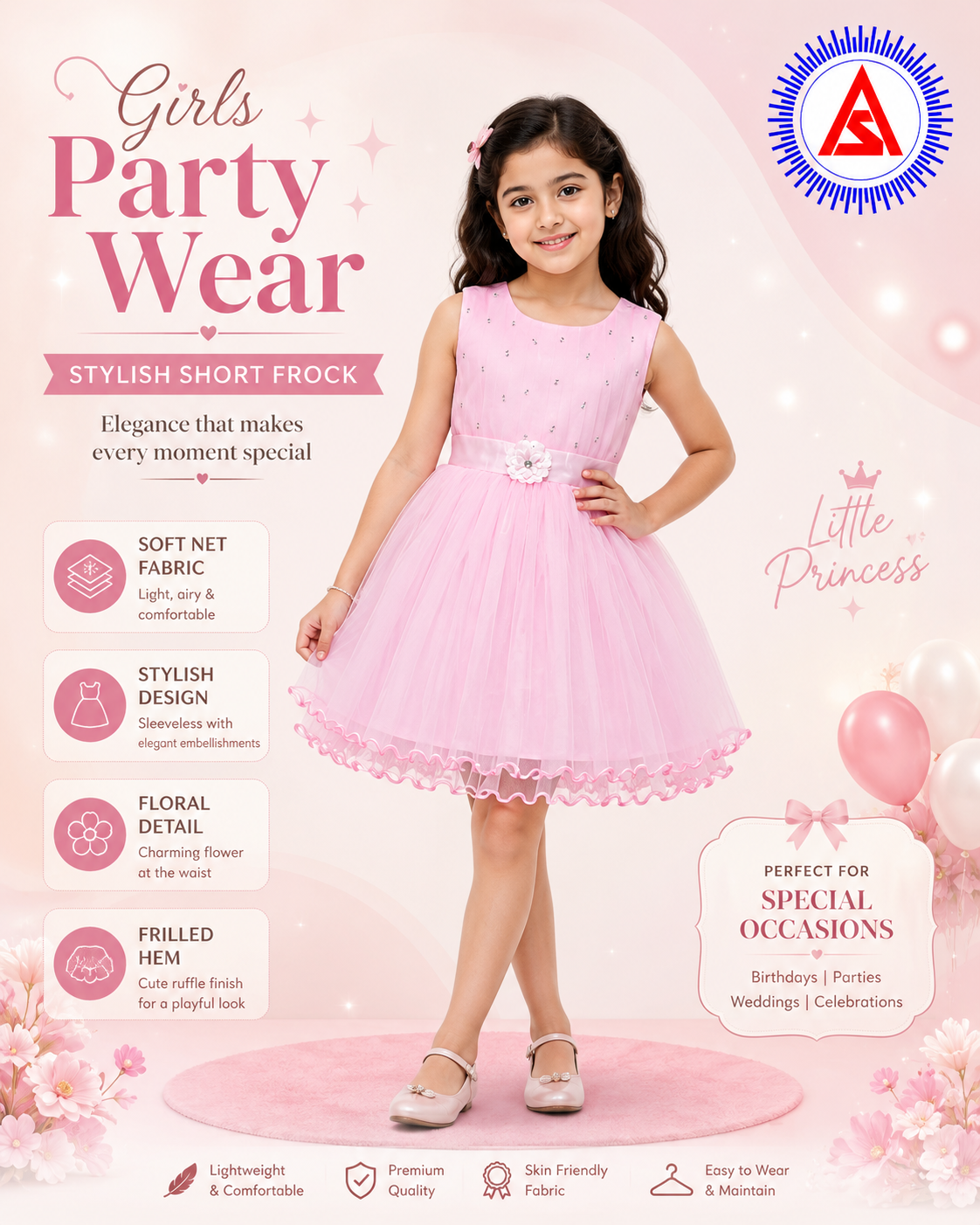 Girls Short Sleeve Party Wear Frock | Stylish Net Short Dress for Kids