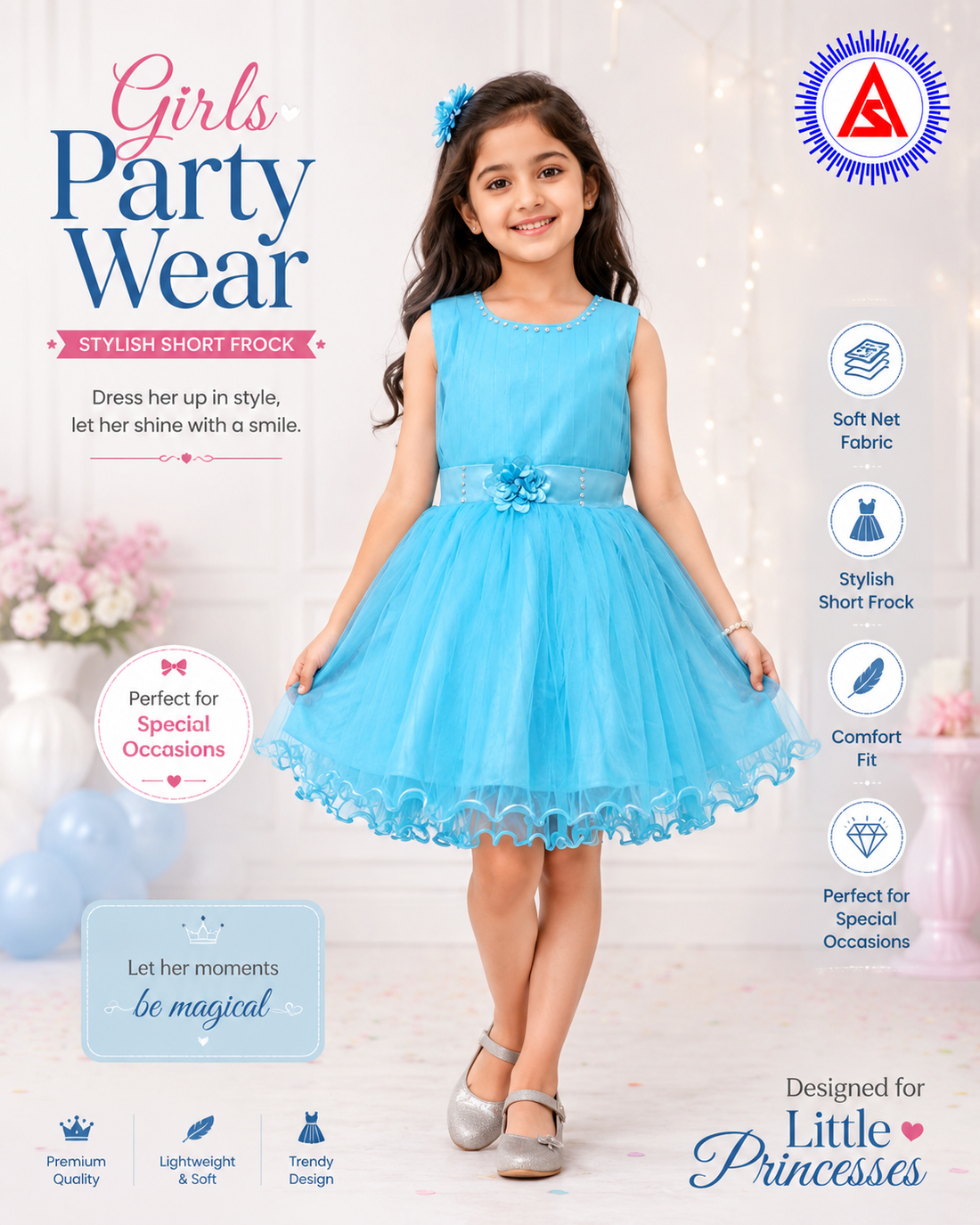 Girls Short Sleeve Party Wear Frock | Stylish Net Short Dress for Kids