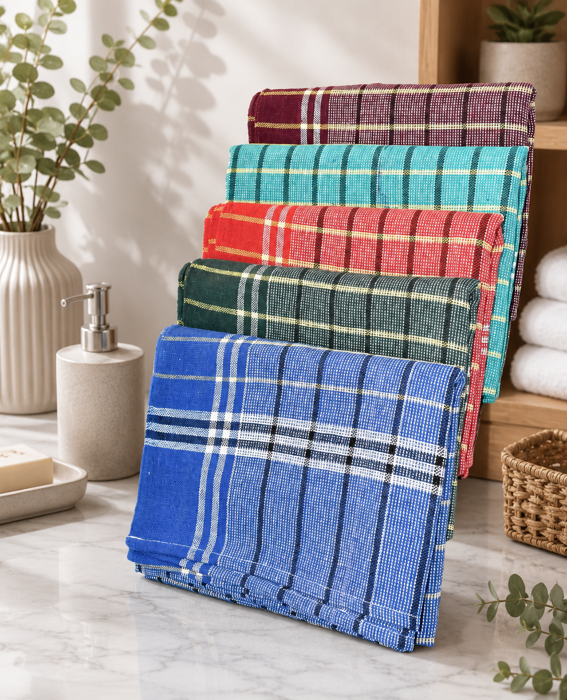 Twin-thread (Eralai)pure cotton bath towels in a pack of 5. Large 30 x 60-inch multicolour checked towels for men and women. Lightweight and easy to dry.
