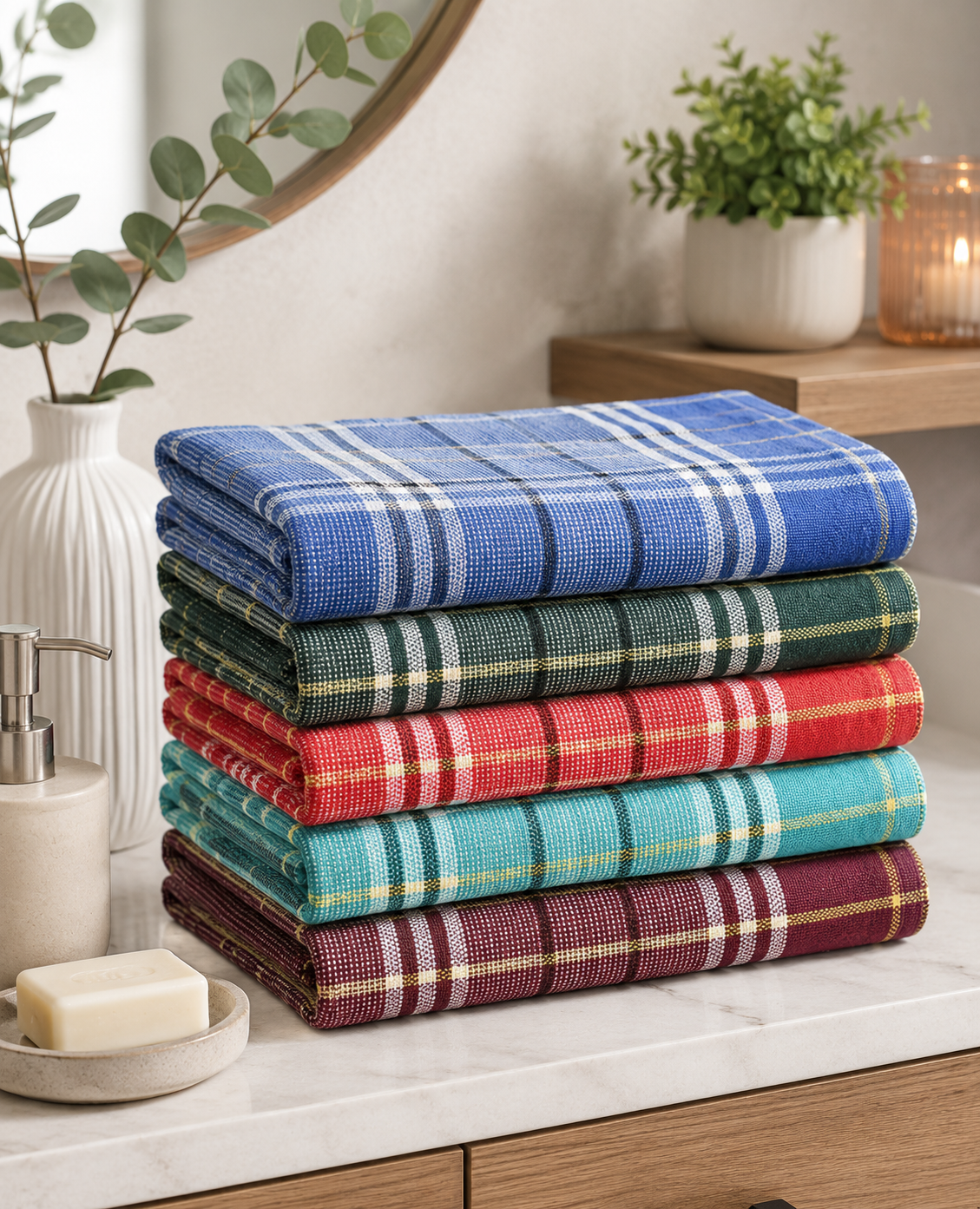 Twin-thread (Eralai)pure cotton bath towels in a pack of 5. Large 30 x 60-inch multicolour checked towels for men and women. Lightweight and easy to dry.