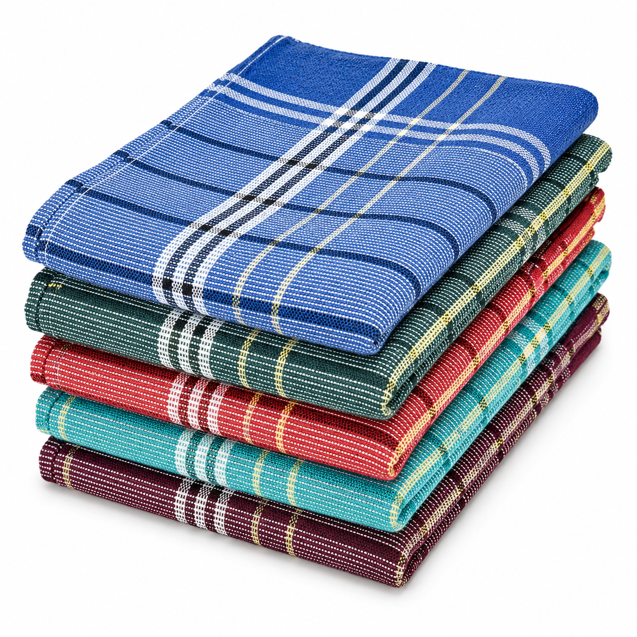 Twin-thread (Eralai)pure cotton bath towels in a pack of 5. Large 30 x 60-inch multicolour checked towels for men and women. Lightweight and easy to dry.