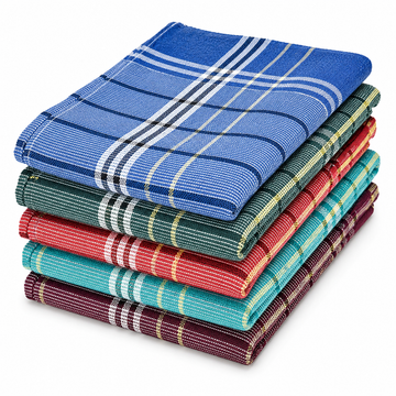 Twin-thread (Eralai)pure cotton bath towels in a pack of 5. Large 30 x 60-inch multicolour checked towels for men and women. Lightweight and easy to dry.