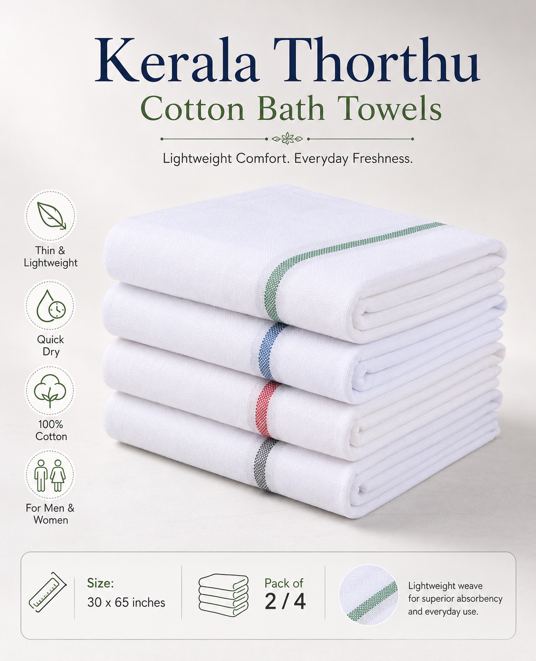 Kerala Thorthu Cotton Bath Towel – Quick Dry Lightweight Gamcha for Men & Women
