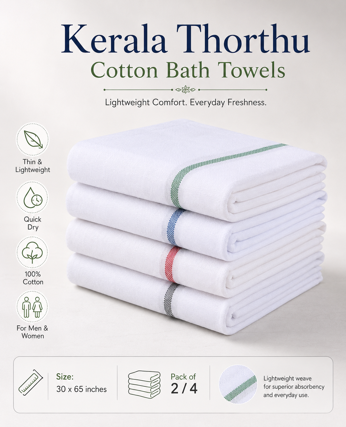 Kerala Thorthu Cotton Bath Towel – Quick Dry Lightweight Gamcha for Men & Women