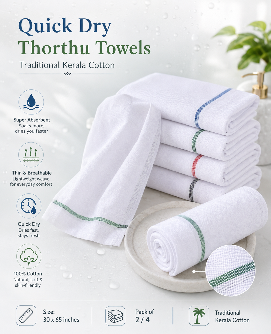 Kerala Thorthu Cotton Bath Towel – Quick Dry Lightweight Gamcha for Men & Women
