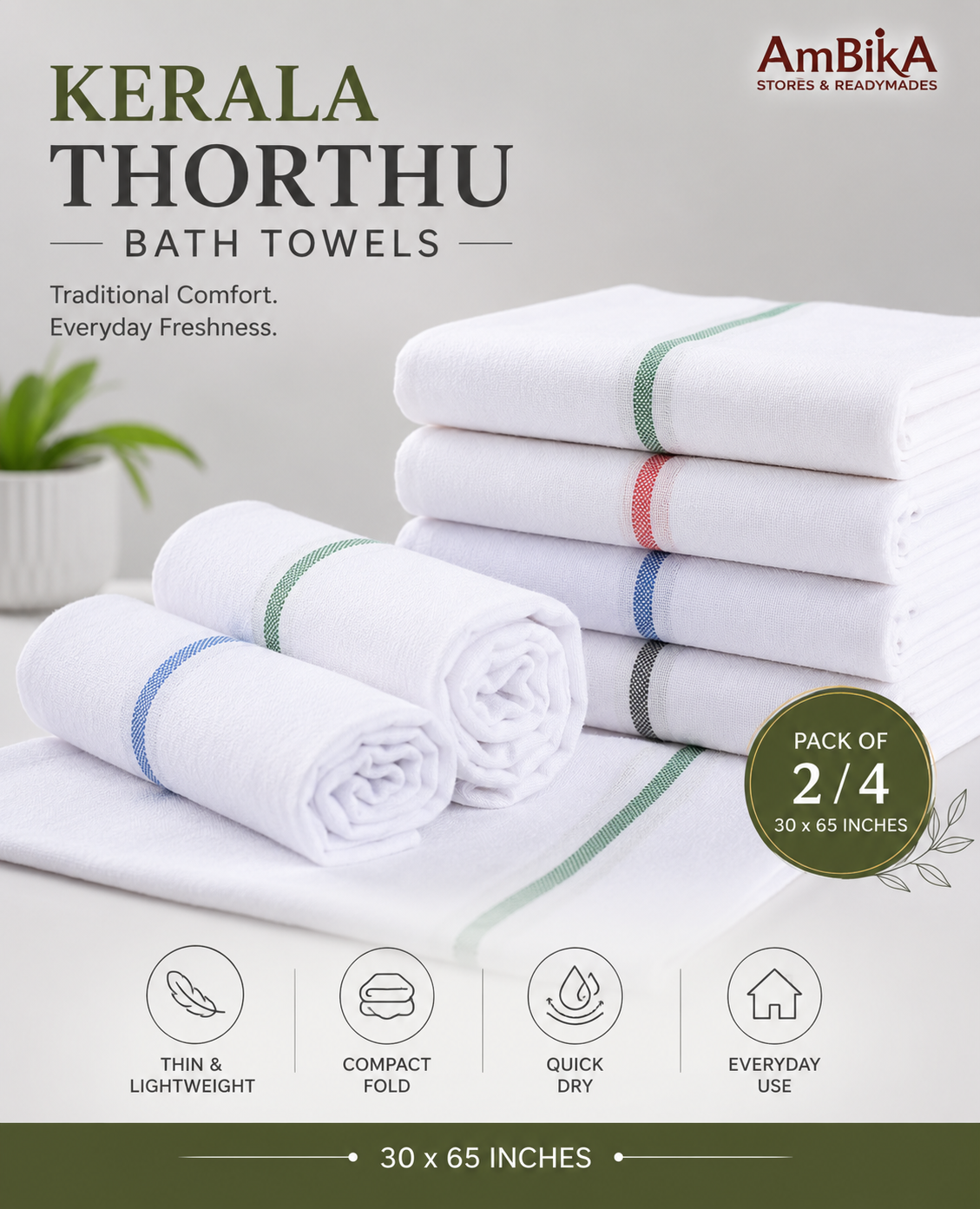 Kerala Thorthu Cotton Bath Towel – Quick Dry Lightweight Gamcha for Men & Women