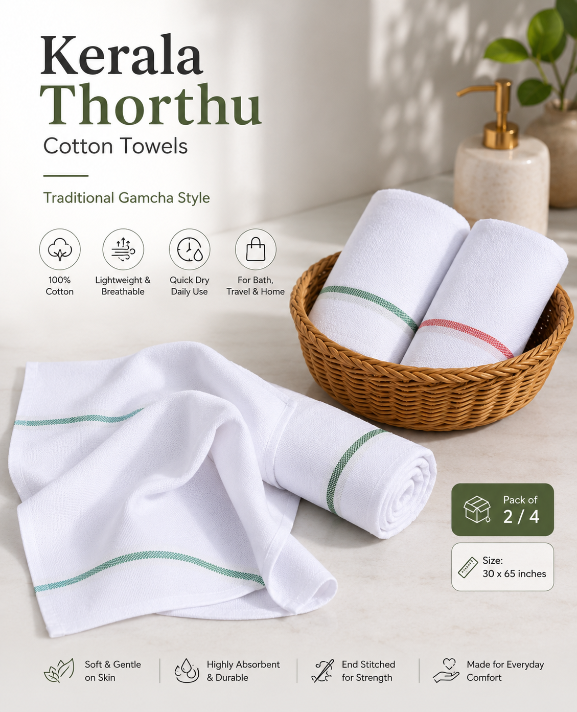 Kerala Thorthu Cotton Bath Towel – Quick Dry Lightweight Gamcha for Men & Women