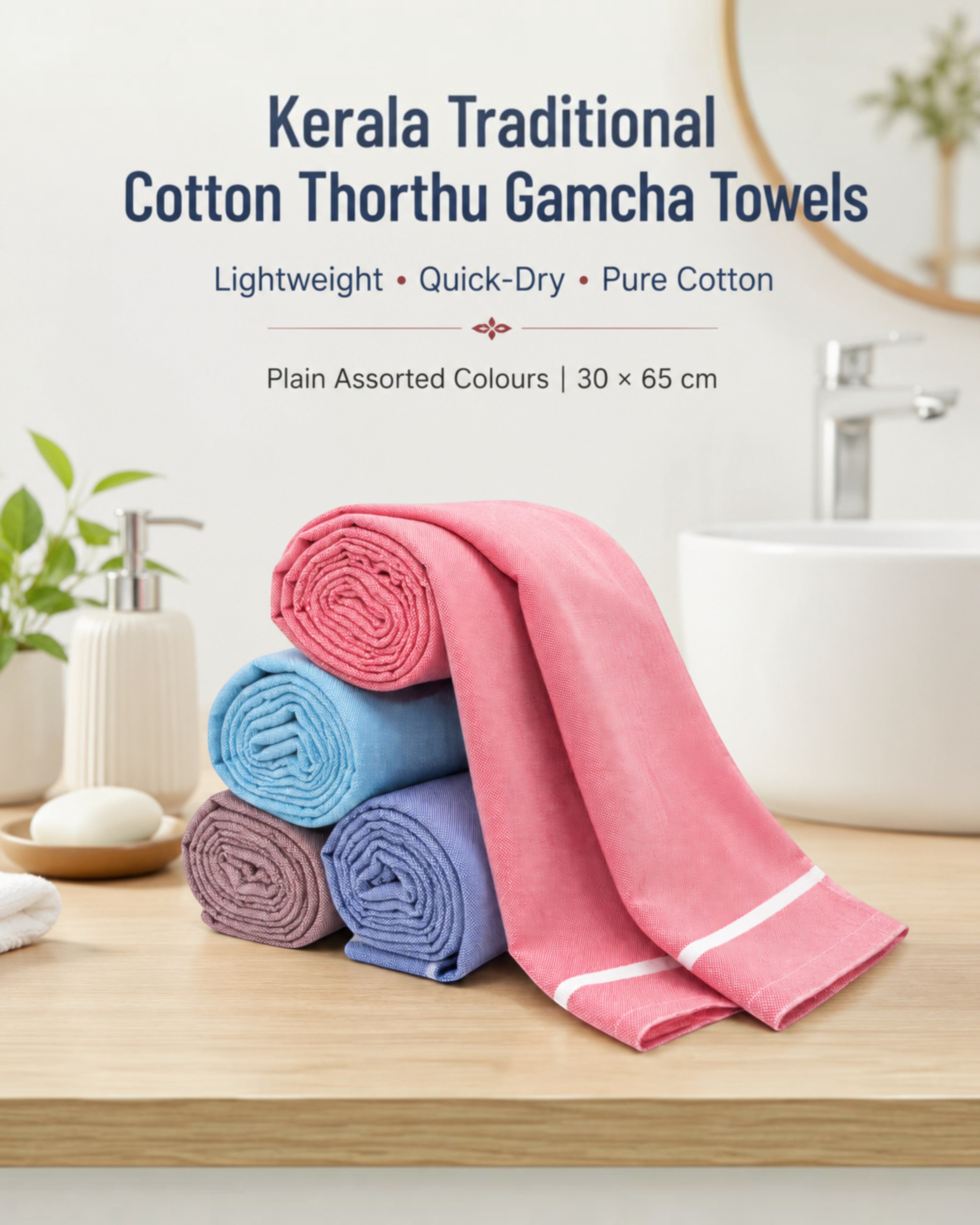Kerala Cotton Thorthu Gamcha Towels for Men & Women – 30 × 65 cm – Pack of 2/4