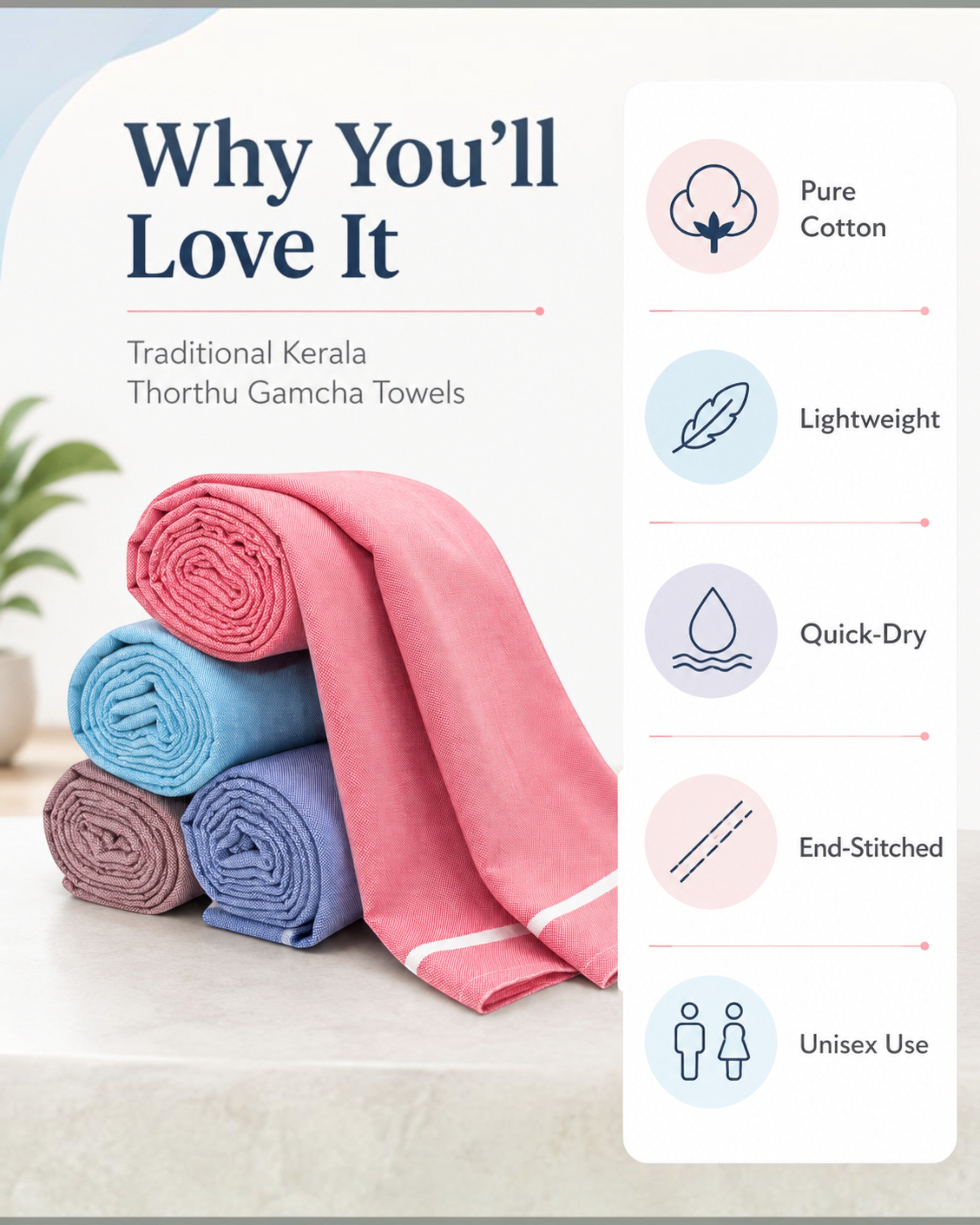 Kerala Cotton Thorthu Gamcha Towels for Men & Women – 30 × 65 cm – Pack of 2/4