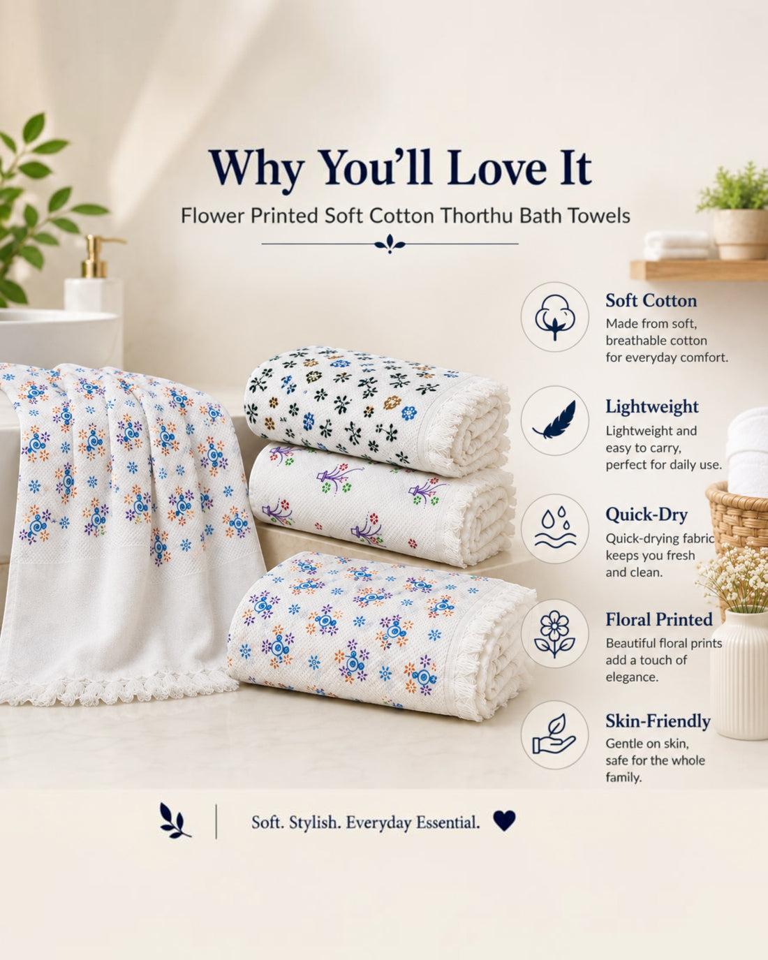 Flower Printed Soft Cotton Thorthu Bath Towels – White, 30 × 60 Inches, Pack of 2 or 4