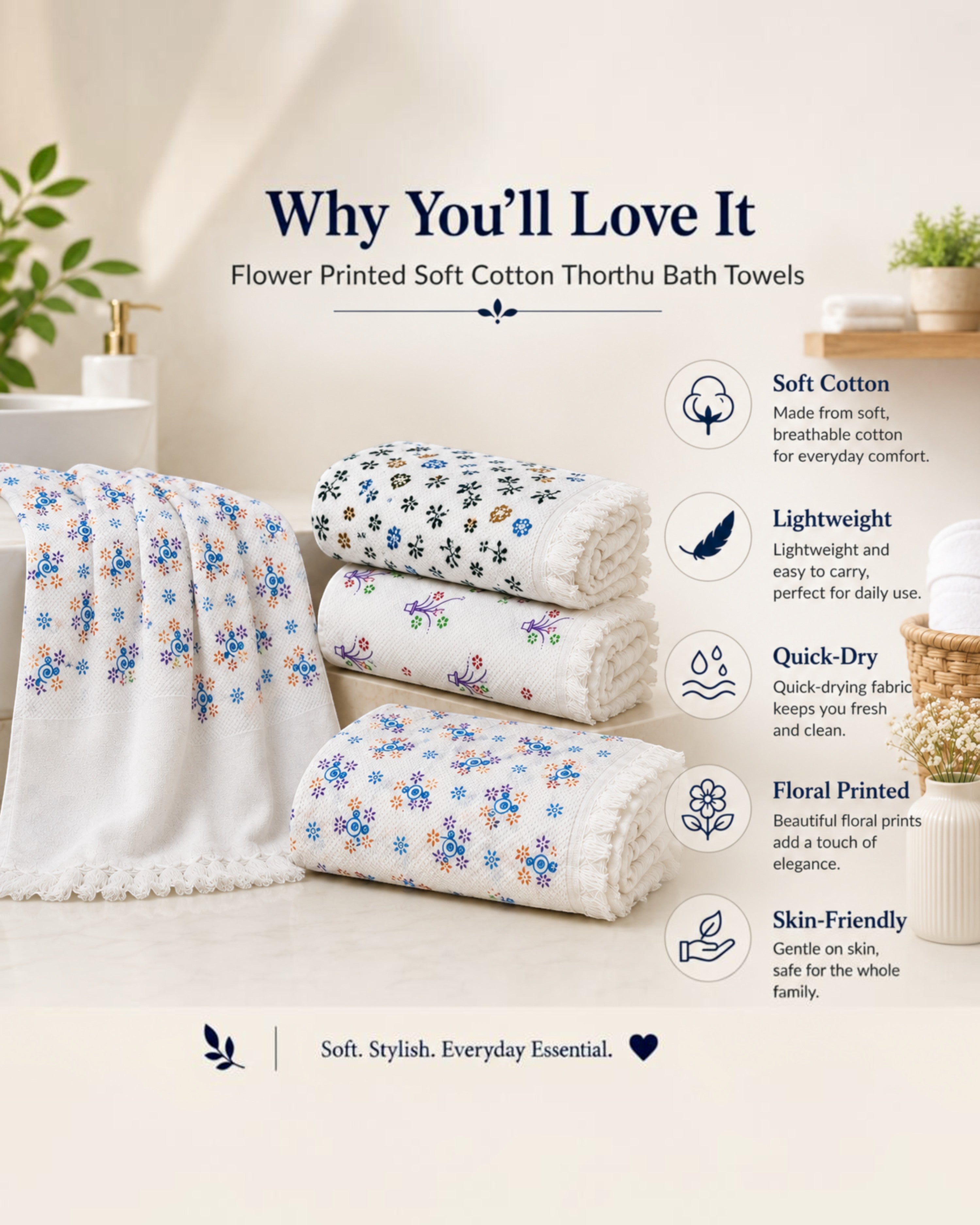 Flower Printed Soft Cotton Thorthu Bath Towels – White, 30 × 60 Inches, Pack of 2 or 4