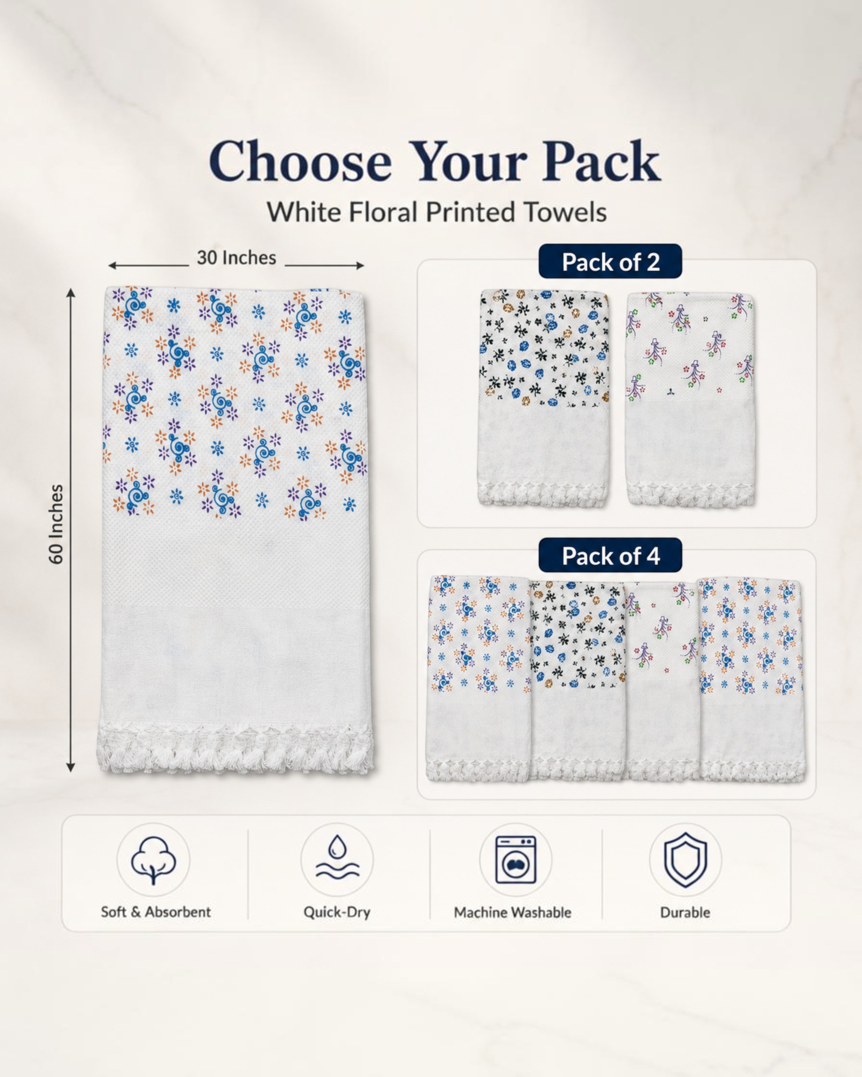 Flower Printed Soft Cotton Thorthu Bath Towels – White, 30 × 60 Inches, Pack of 2 or 4
