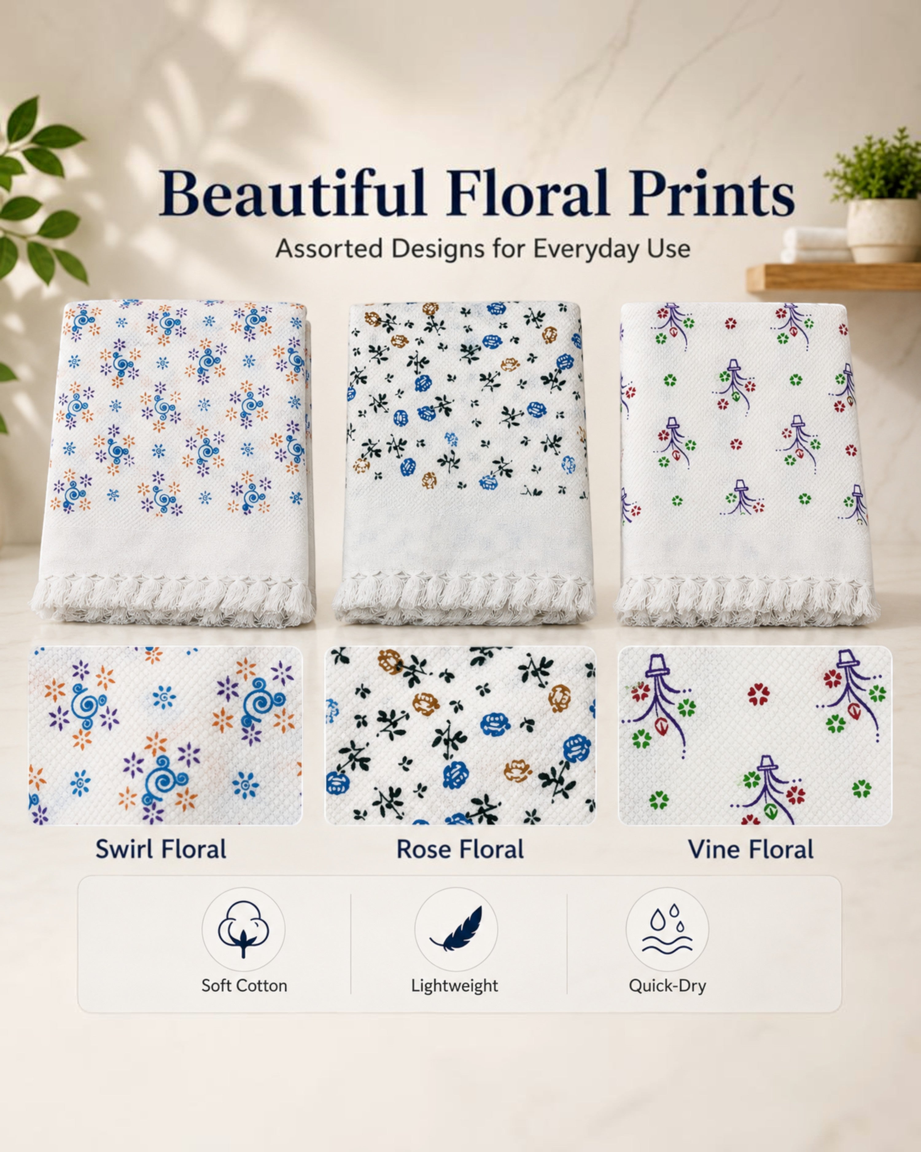 Flower Printed Soft Cotton Thorthu Bath Towels – White, 30 × 60 Inches, Pack of 2 or 4