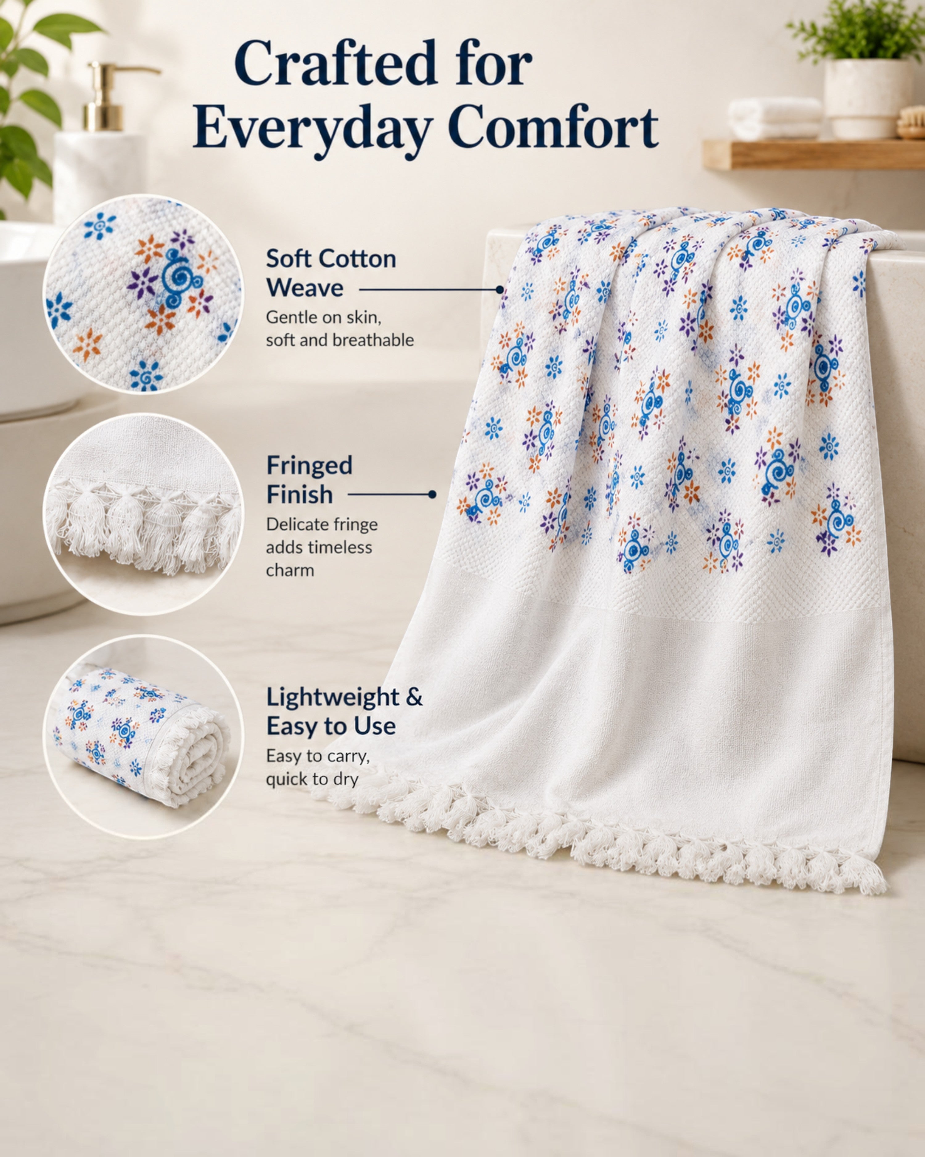 Flower Printed Soft Cotton Thorthu Bath Towels – White, 30 × 60 Inches, Pack of 2 or 4