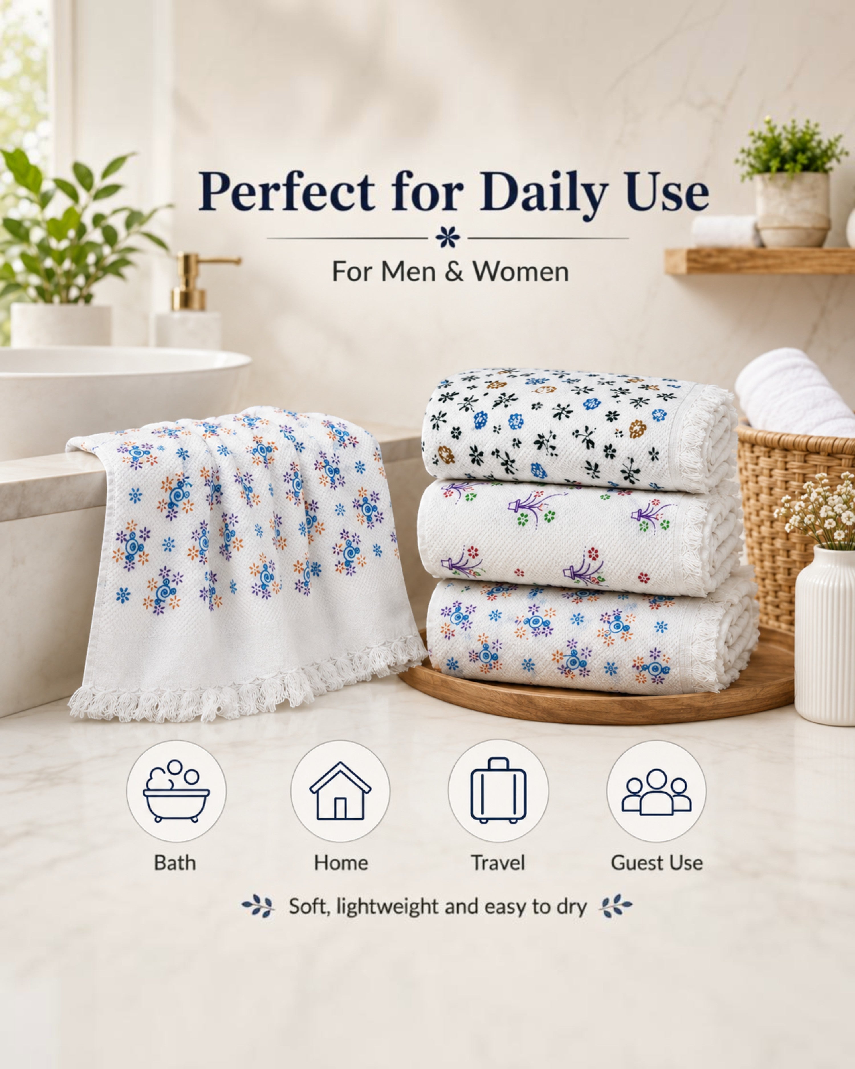 Flower Printed Soft Cotton Thorthu Bath Towels – White, 30 × 60 Inches, Pack of 2 or 4