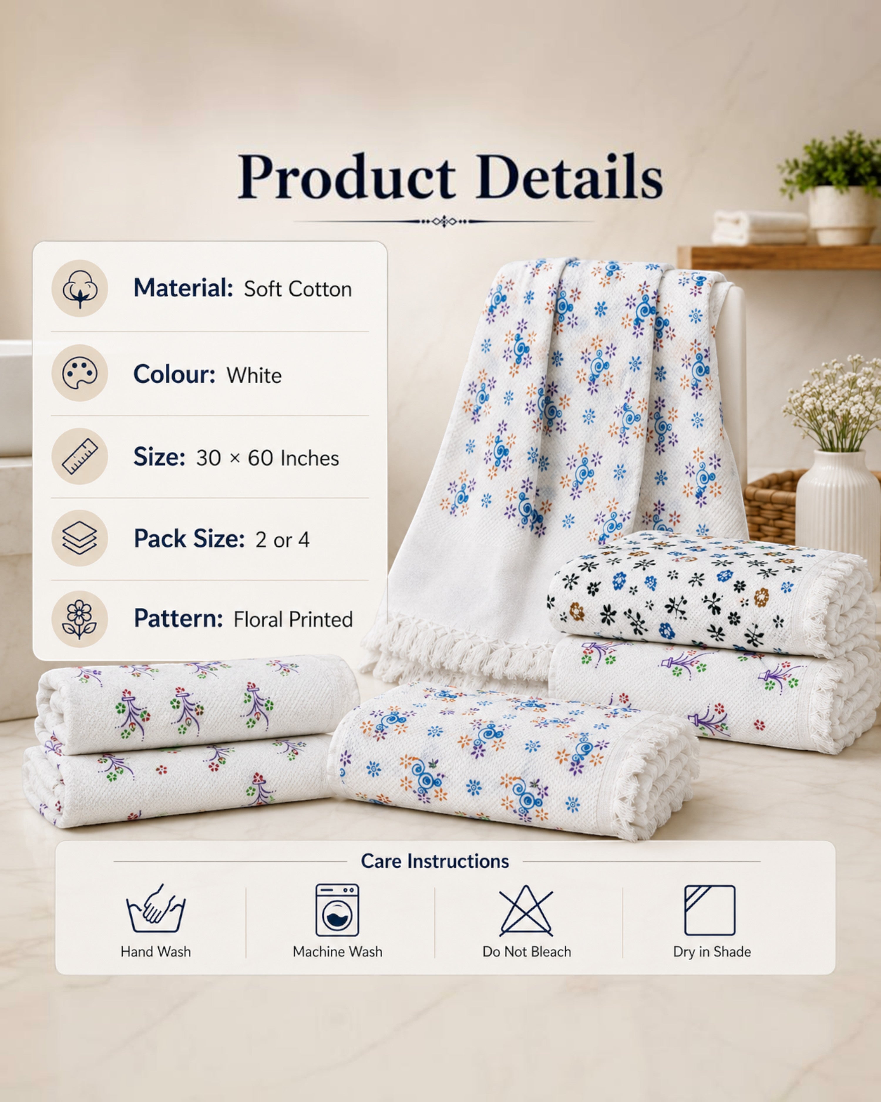 Flower Printed Soft Cotton Thorthu Bath Towels – White, 30 × 60 Inches, Pack of 2 or 4