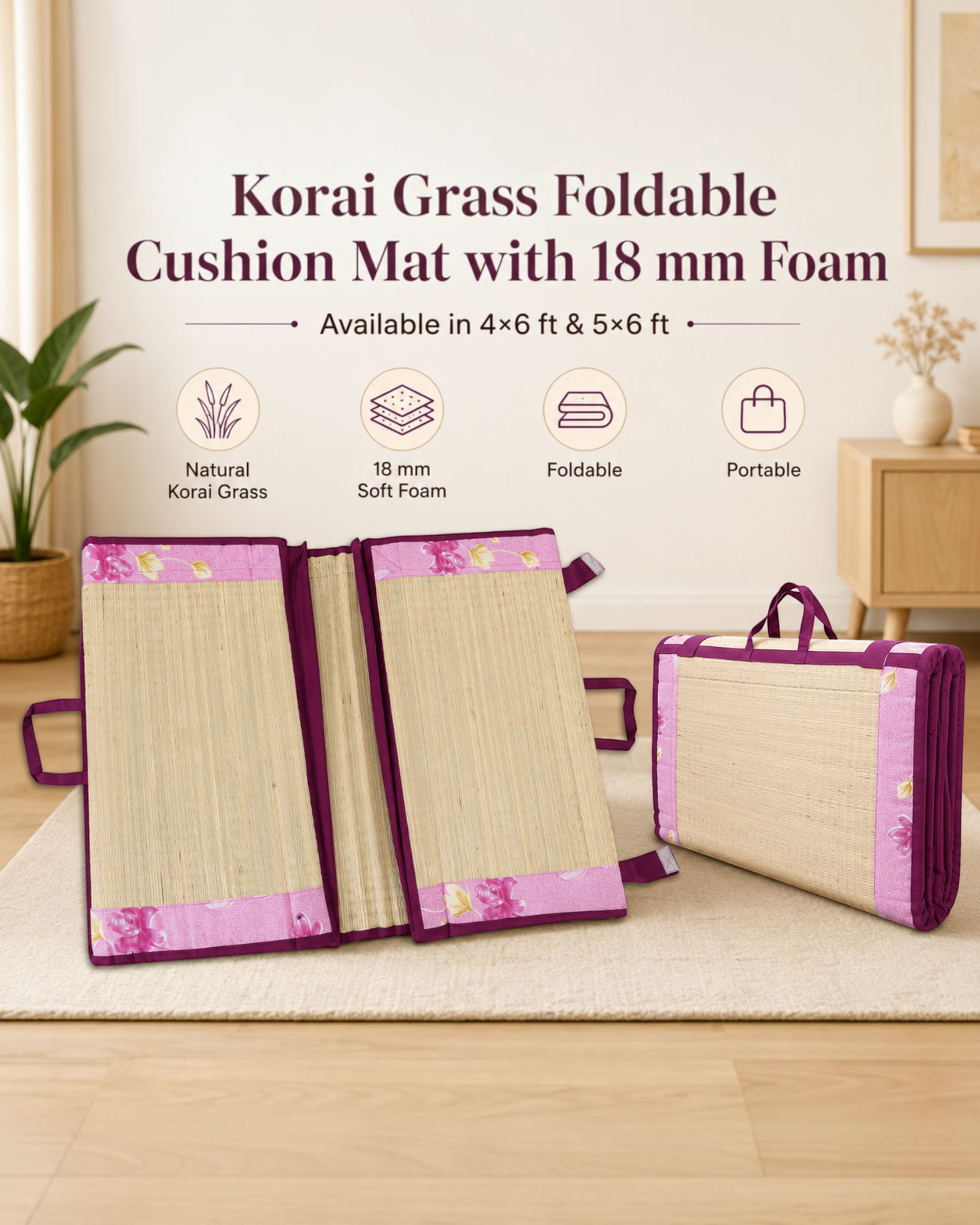 Korai Grass Foldable Cushion Mat with 18 mm Foam – 4×6 & 5×6 ft