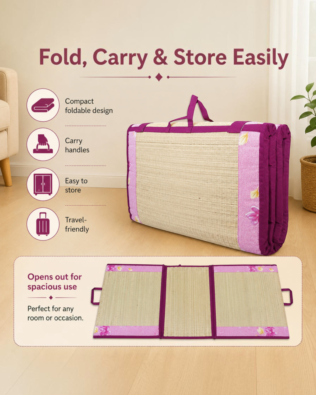 Korai Grass Foldable Cushion Mat with 18 mm Foam – 4×6 & 5×6 ft