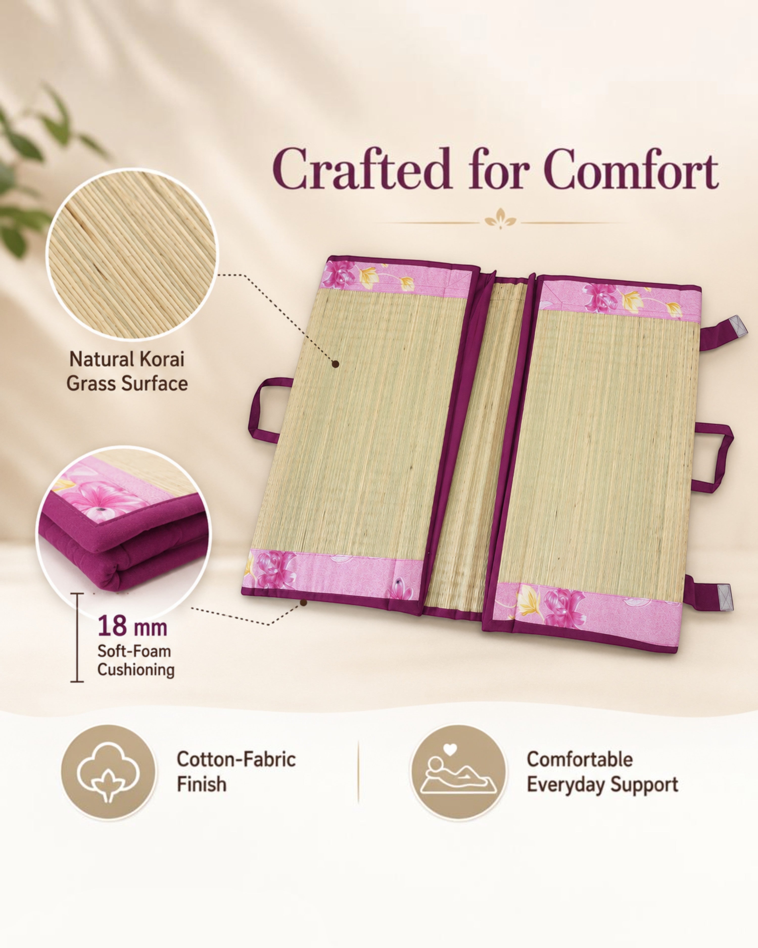 Korai Grass Foldable Cushion Mat with 18 mm Foam – 4×6 & 5×6 ft
