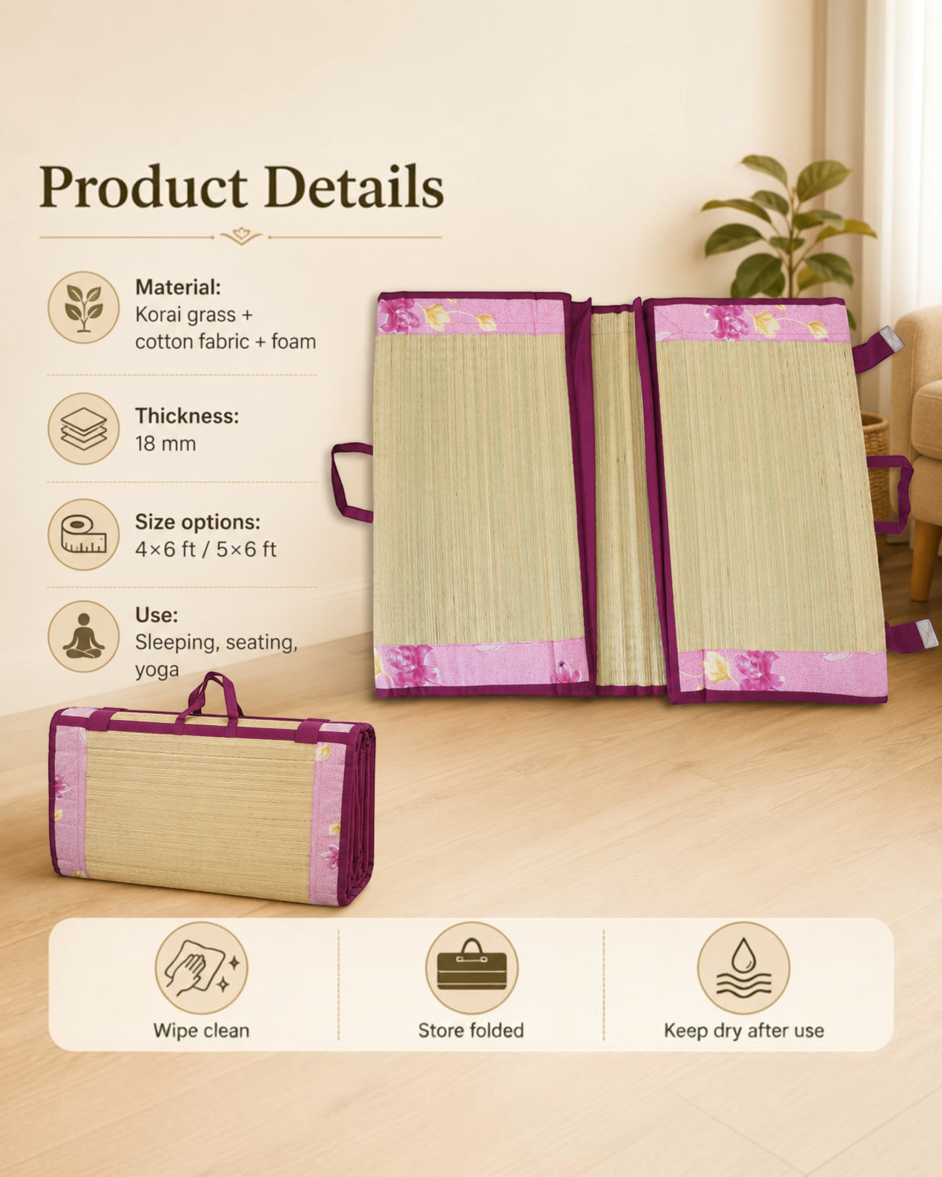 Korai Grass Foldable Cushion Mat with 18 mm Foam – 4×6 & 5×6 ft