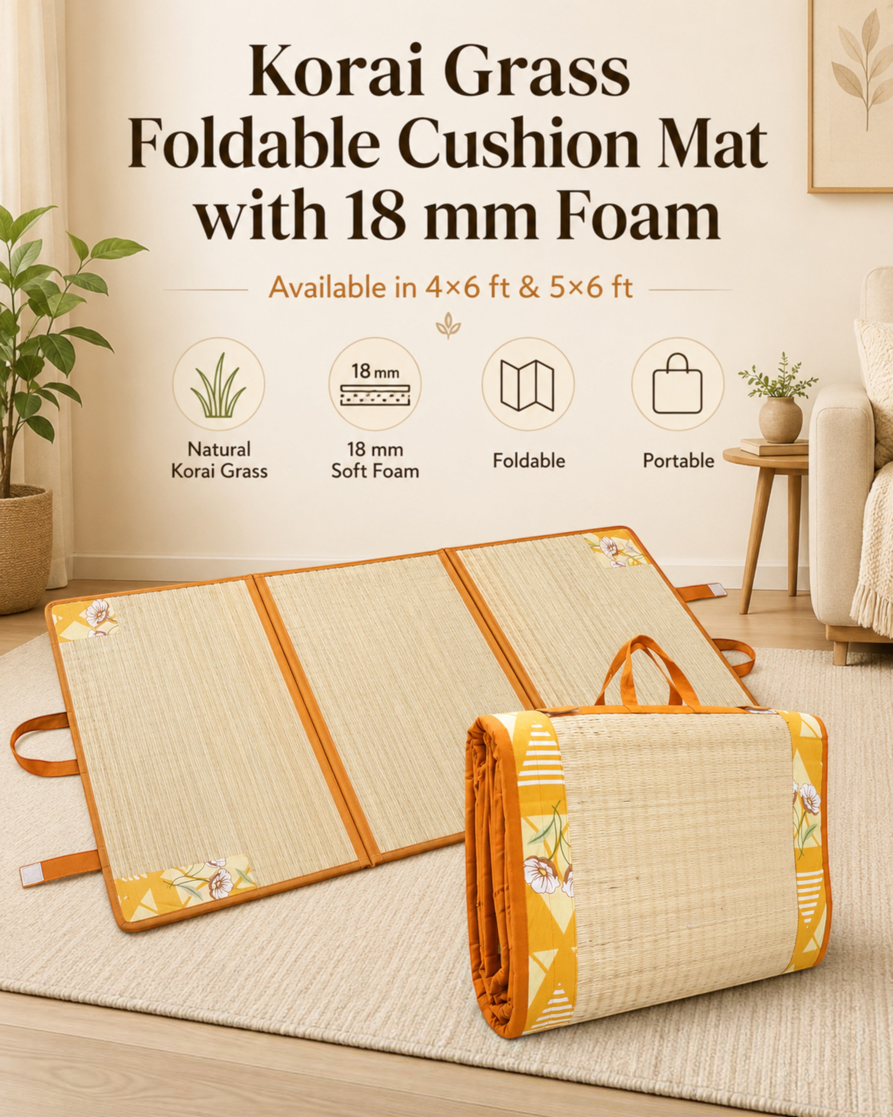 Korai Grass Foldable Cushion Mat with 18 mm Foam – 4×6 & 5×6 ft