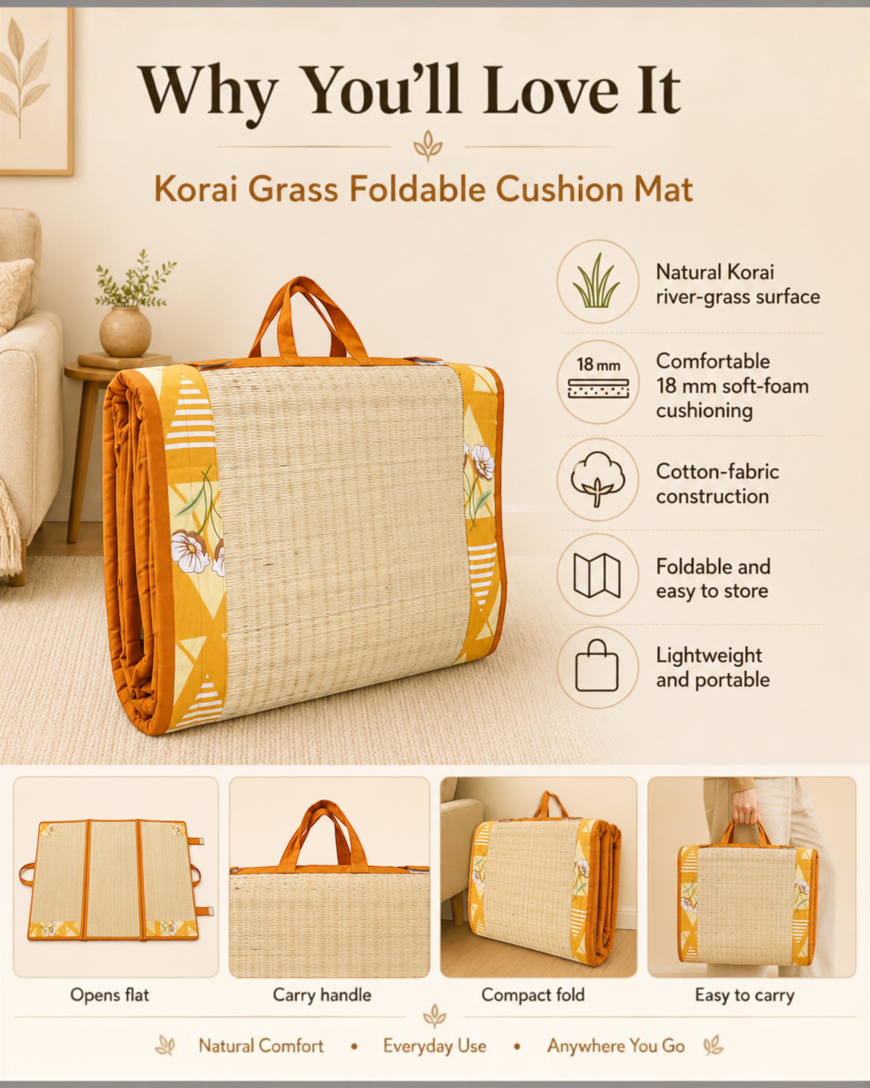 Korai Grass Foldable Cushion Mat with 18 mm Foam – 4×6 & 5×6 ft