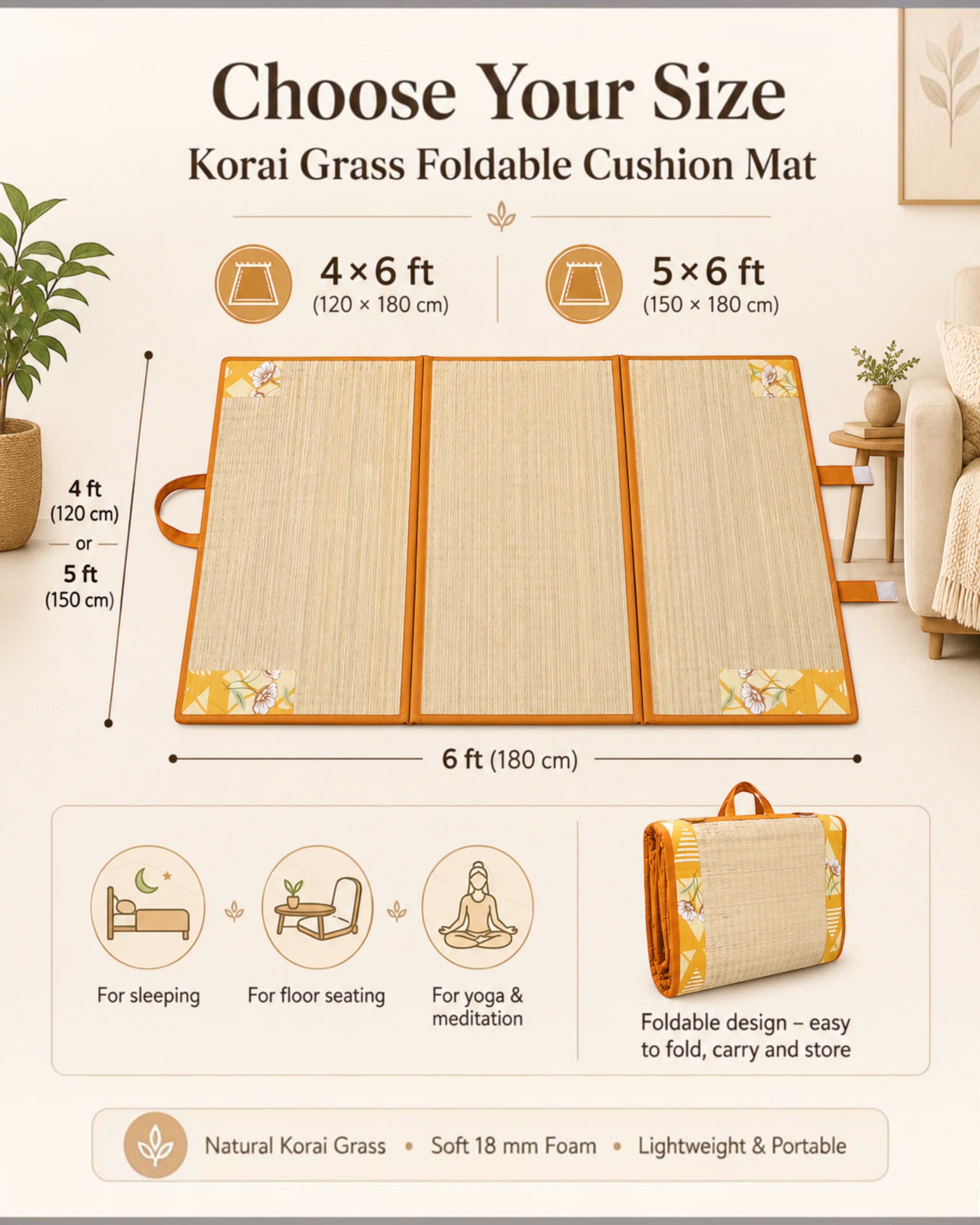 Korai Grass Foldable Cushion Mat with 18 mm Foam – 4×6 & 5×6 ft