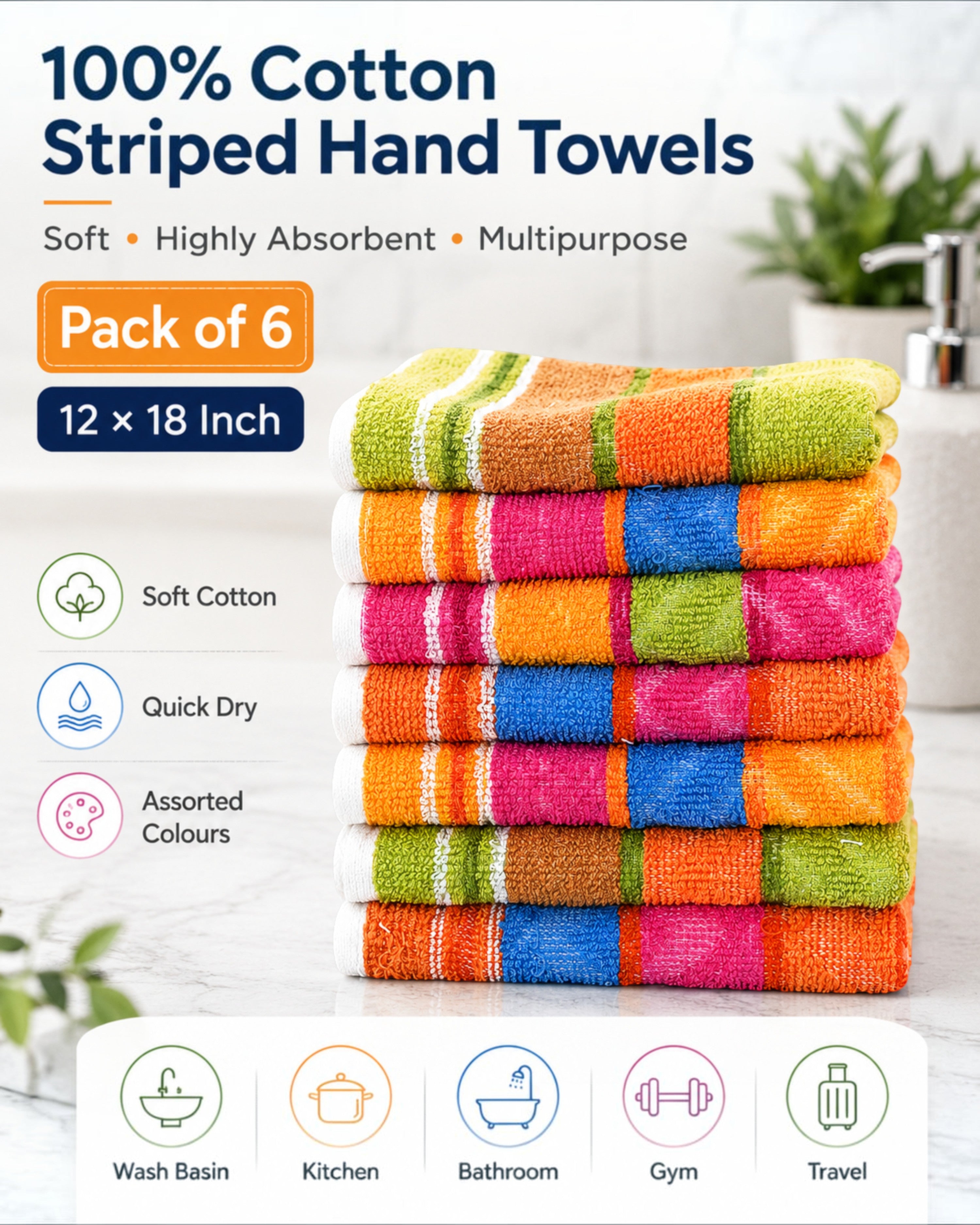 100% Cotton Striped Hand Towels 12×18 Inch – Soft, Highly Absorbent Face and Kitchen Towels in Assorted Colours – Pack of 6 or 12