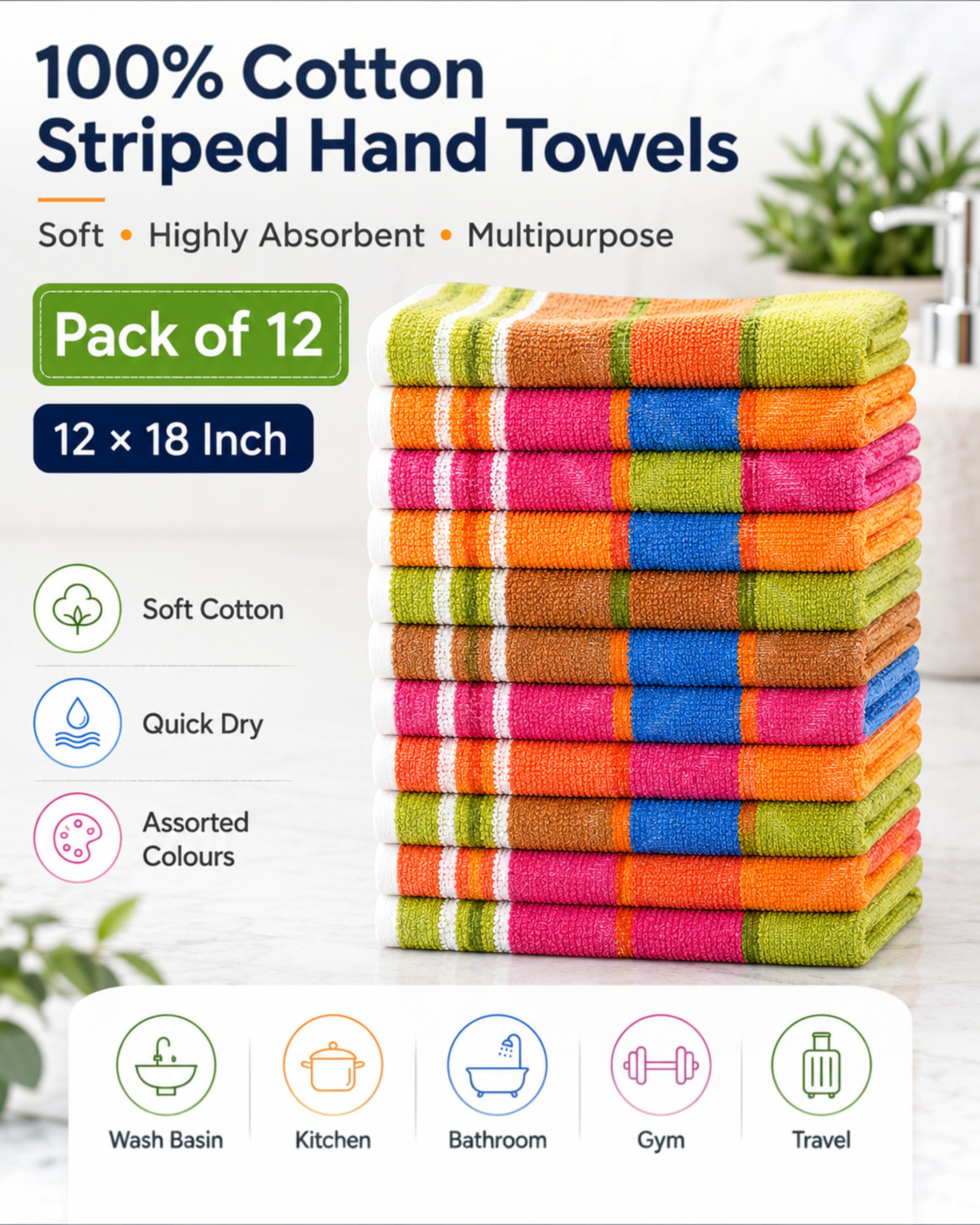 100% Cotton Striped Hand Towels 12×18 Inch – Soft, Highly Absorbent Face and Kitchen Towels in Assorted Colours – Pack of 6 or 12