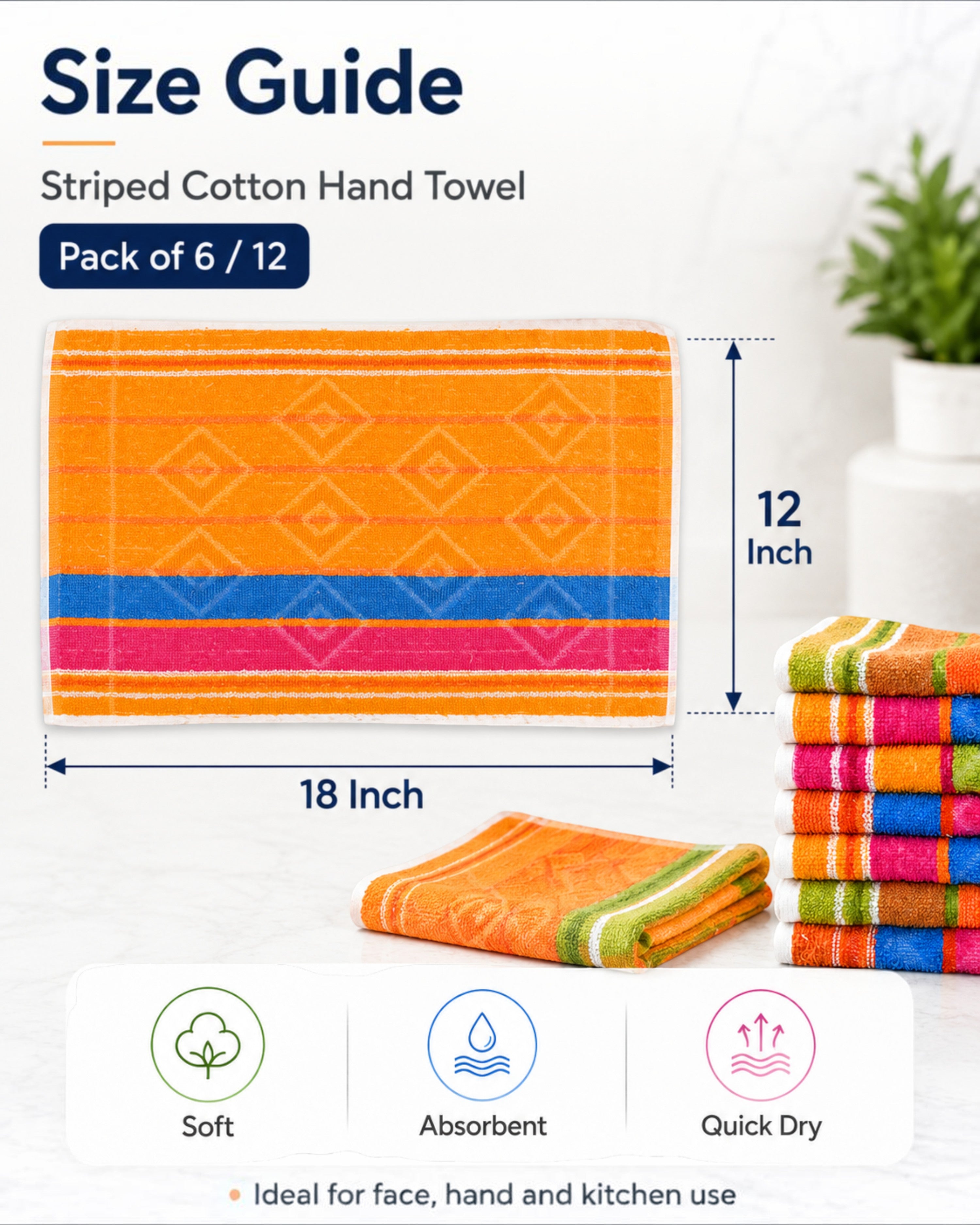 100% Cotton Striped Hand Towels 12×18 Inch – Soft, Highly Absorbent Face and Kitchen Towels in Assorted Colours – Pack of 6 or 12