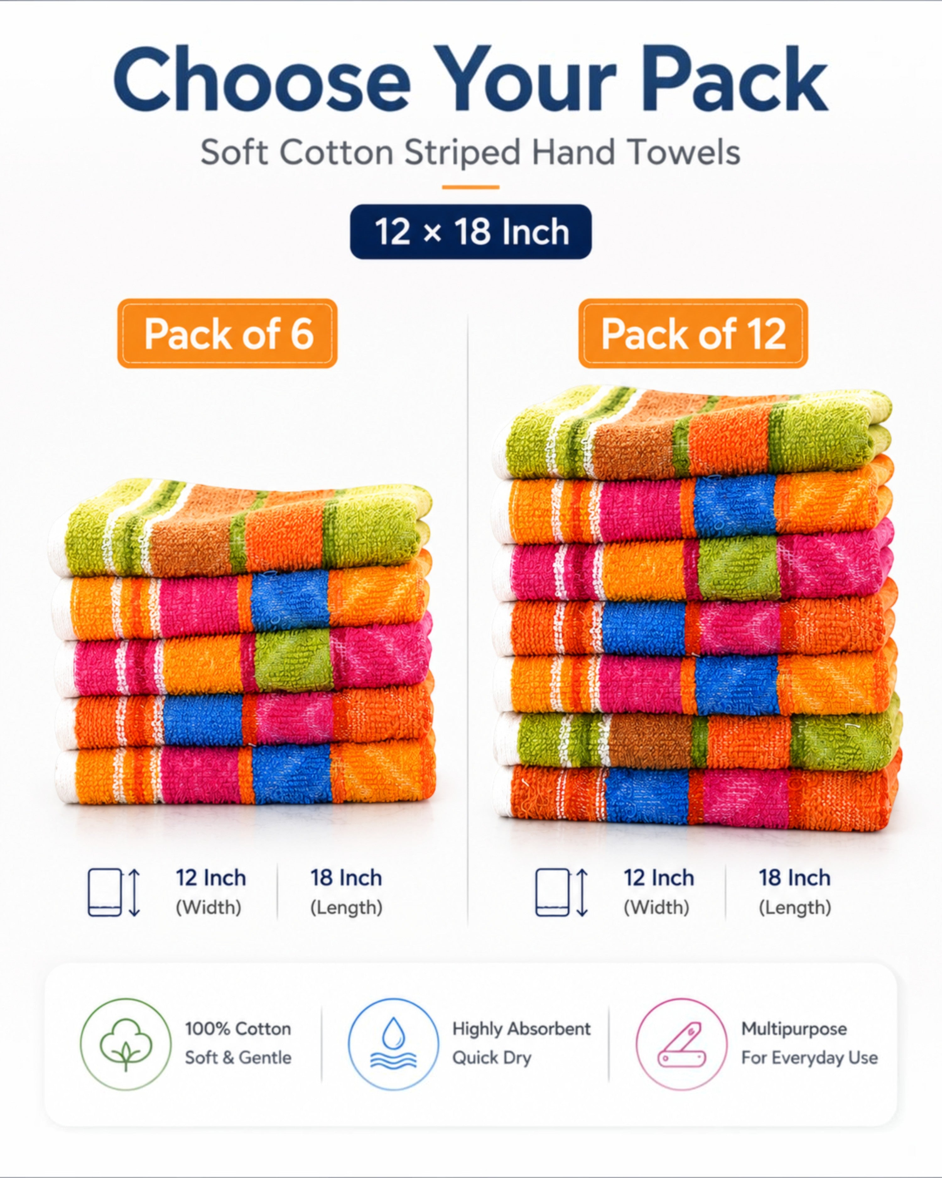 100% Cotton Striped Hand Towels 12×18 Inch – Soft, Highly Absorbent Face and Kitchen Towels in Assorted Colours – Pack of 6 or 12