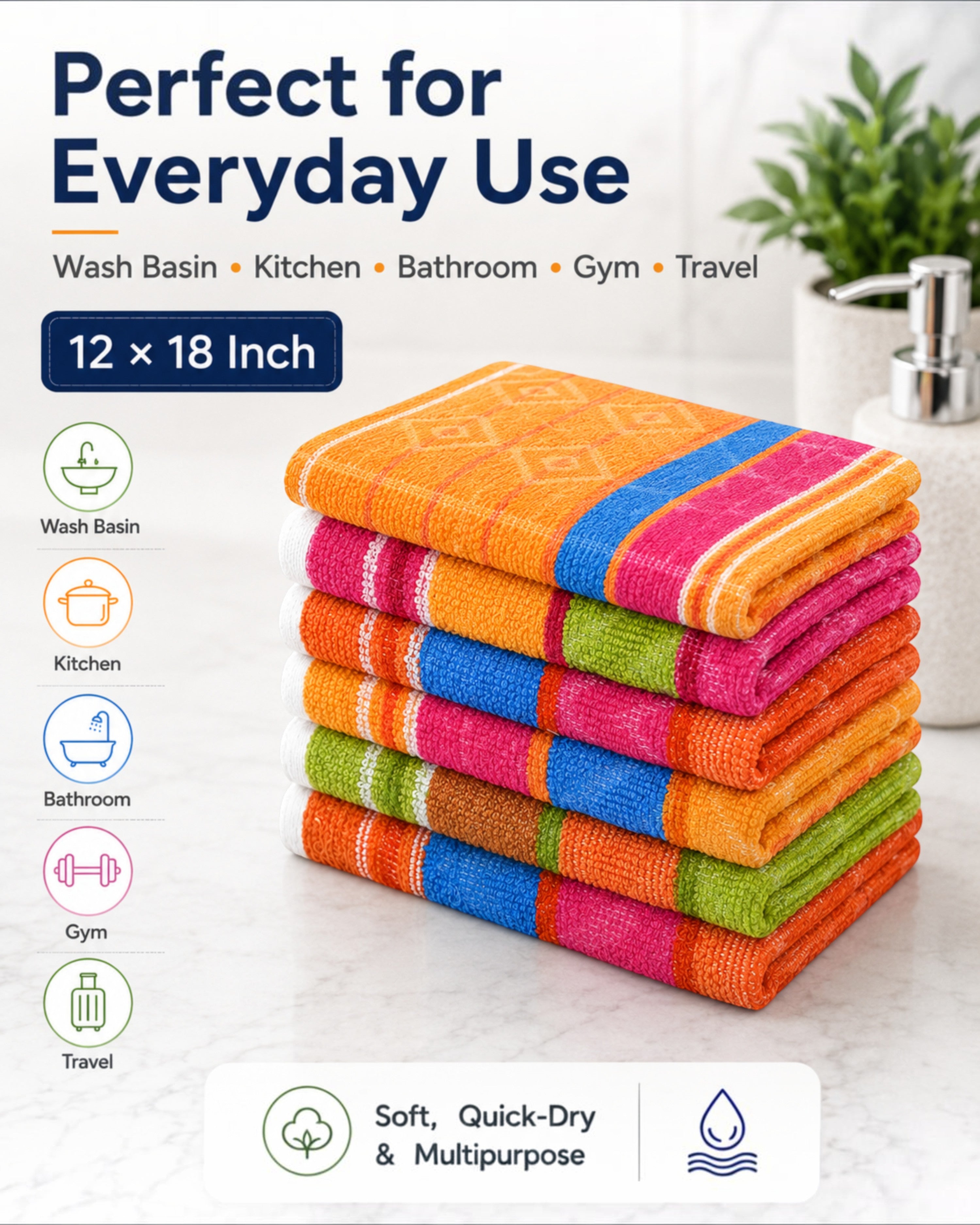 100% Cotton Striped Hand Towels 12×18 Inch – Soft, Highly Absorbent Face and Kitchen Towels in Assorted Colours – Pack of 6 or 12