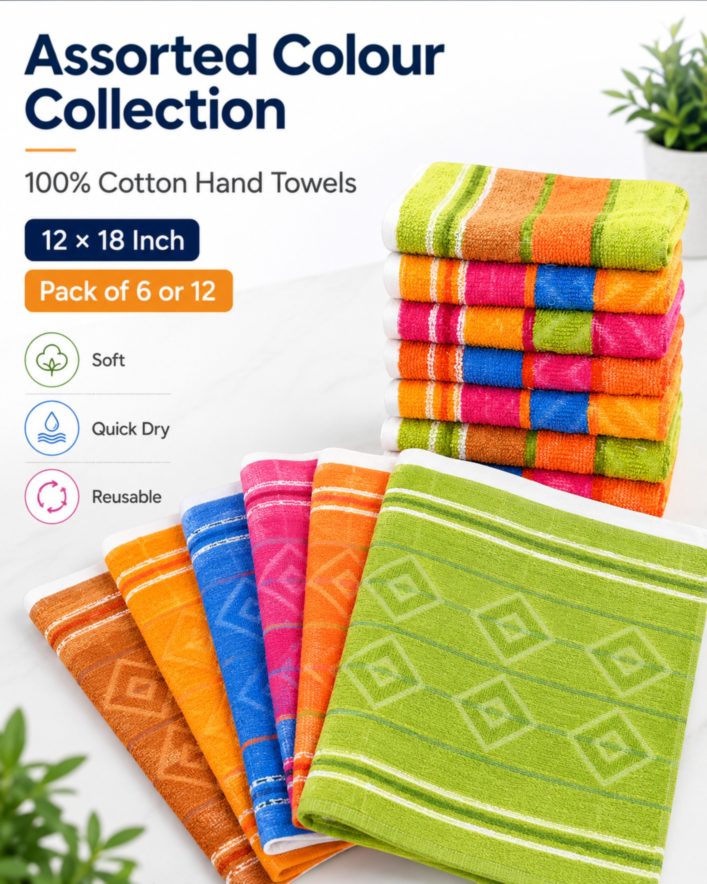 100% Cotton Striped Hand Towels 12×18 Inch – Soft, Highly Absorbent Face and Kitchen Towels in Assorted Colours – Pack of 6 or 12