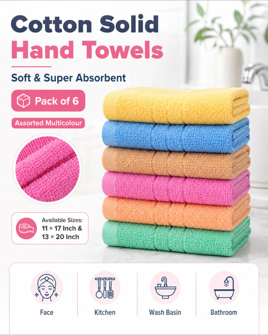 Cotton Solid Hand Towels, Soft & Super Absorbent Face, Kitchen, Wash Basin and Bathroom Napkins, Assorted