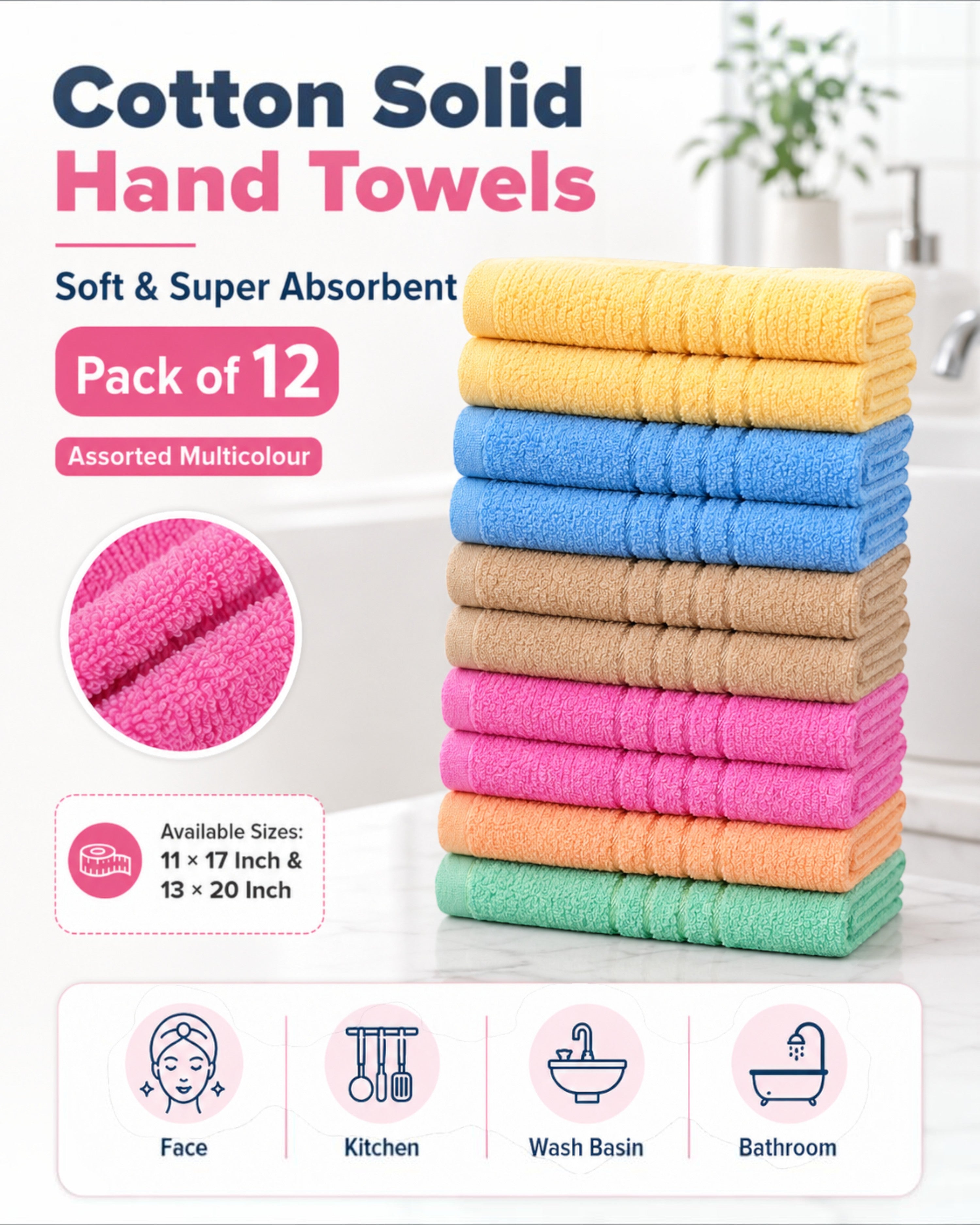 Cotton Solid Hand Towels, Soft & Super Absorbent Face, Kitchen, Wash Basin and Bathroom Napkins, Assorted Multicolour, 11×17 & 13×20 Inch (Pack Of 6, or 12)