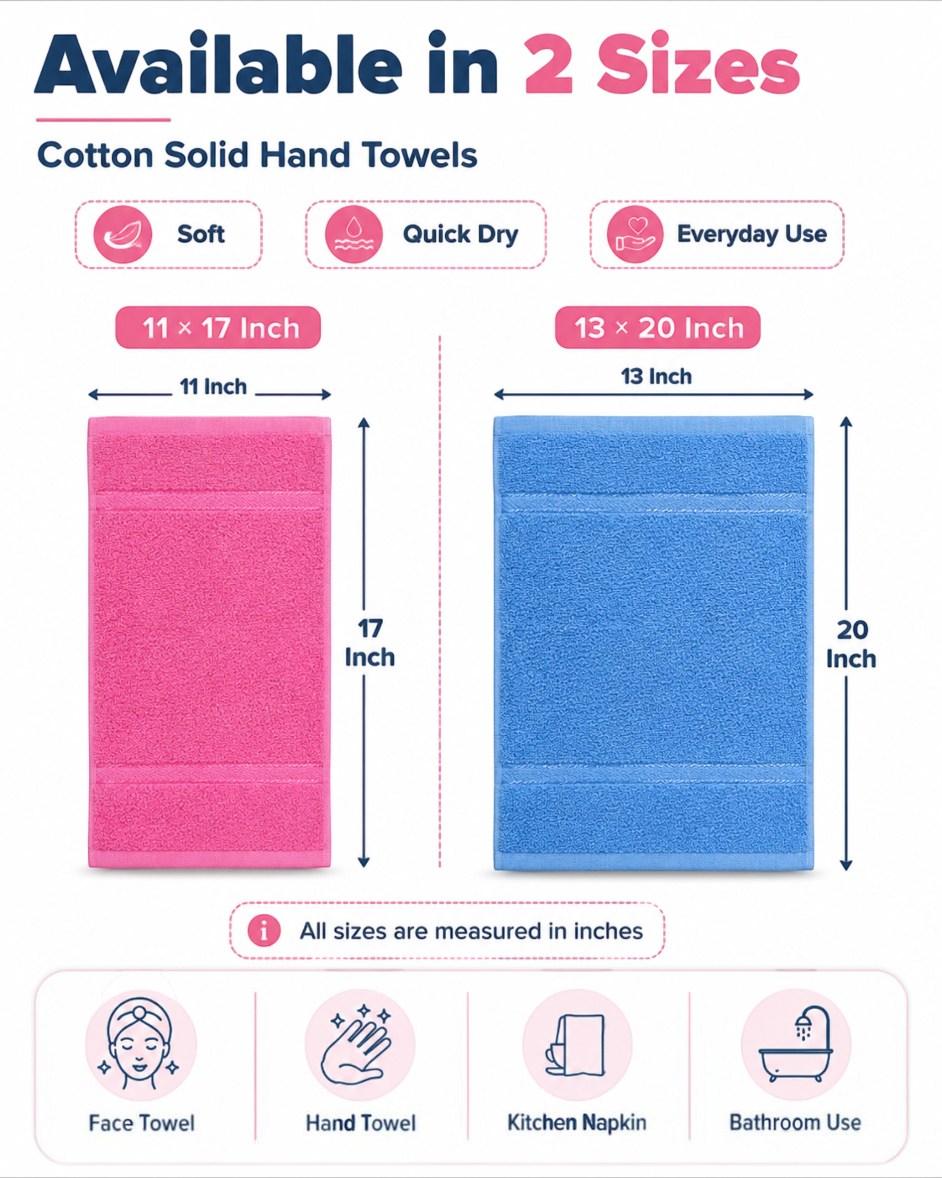 Cotton Solid Hand Towels, Soft & Super Absorbent Face, Kitchen, Wash Basin and Bathroom Napkins, Assorted Multicolour, 11×17 & 13×20 Inch (Pack Of 6, or 12)