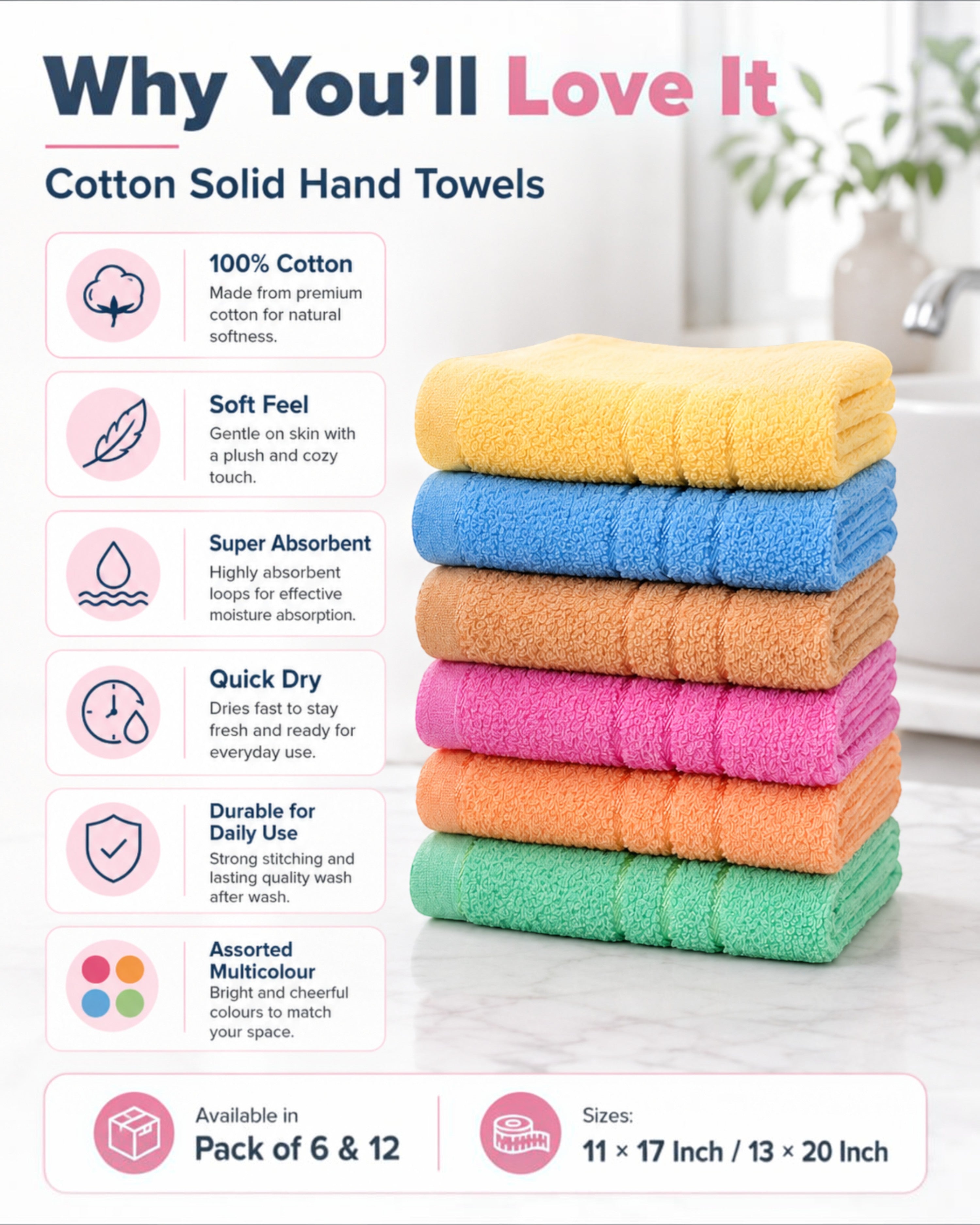 Cotton Solid Hand Towels, Soft & Super Absorbent Face, Kitchen, Wash Basin and Bathroom Napkins, Assorted Multicolour, 11×17 & 13×20 Inch (Pack Of 6, or 12)