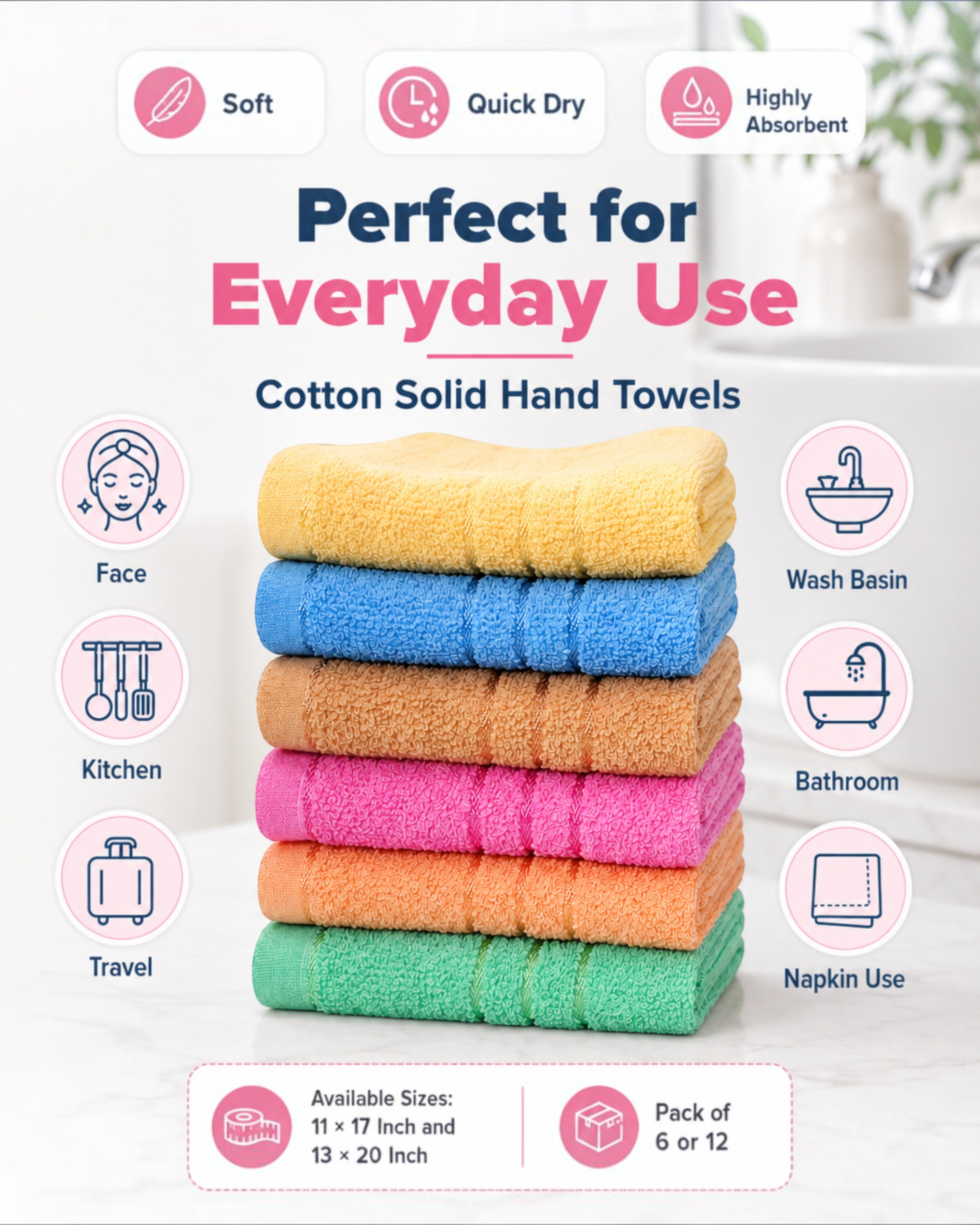 Cotton Solid Hand Towels, Soft & Super Absorbent Face, Kitchen, Wash Basin and Bathroom Napkins, Assorted Multicolour, 11×17 & 13×20 Inch (Pack Of 6, or 12)