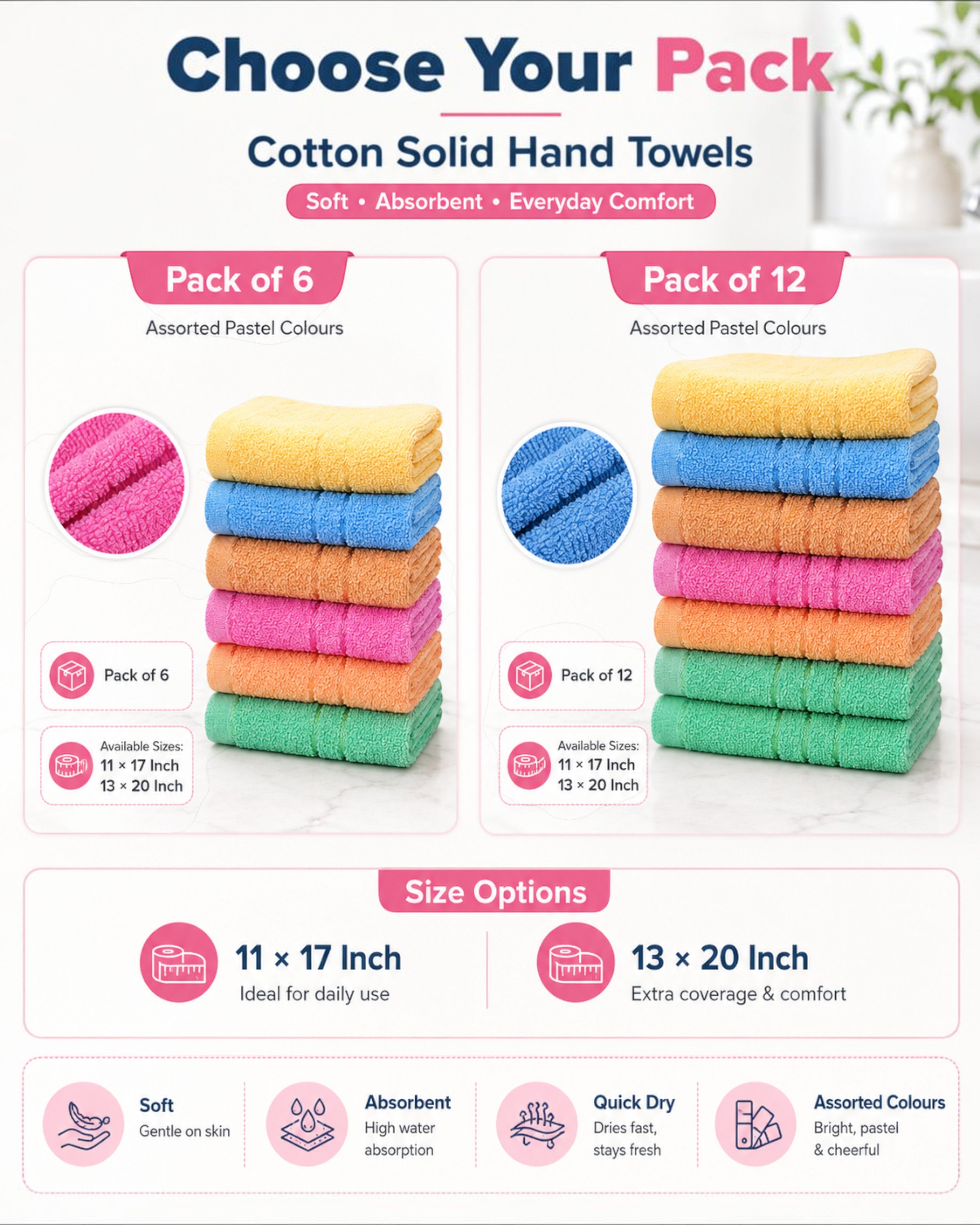 Cotton Solid Hand Towels, Soft & Super Absorbent Face, Kitchen, Wash Basin and Bathroom Napkins, Assorted Multicolour, 11×17 & 13×20 Inch (Pack Of 6, or 12)
